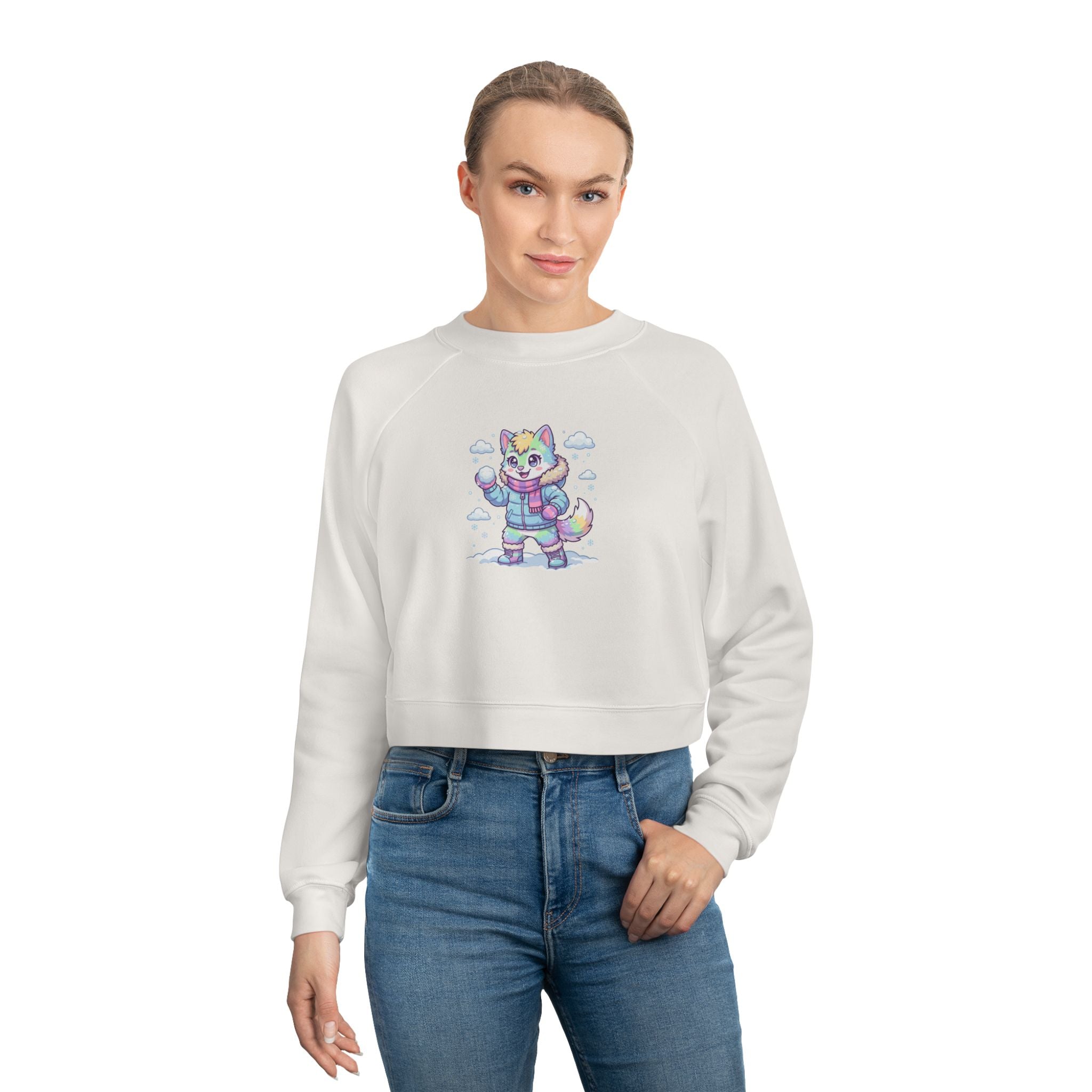 Winter Cropped Pullover | Pastel Lucky Cat Snowball Graphic