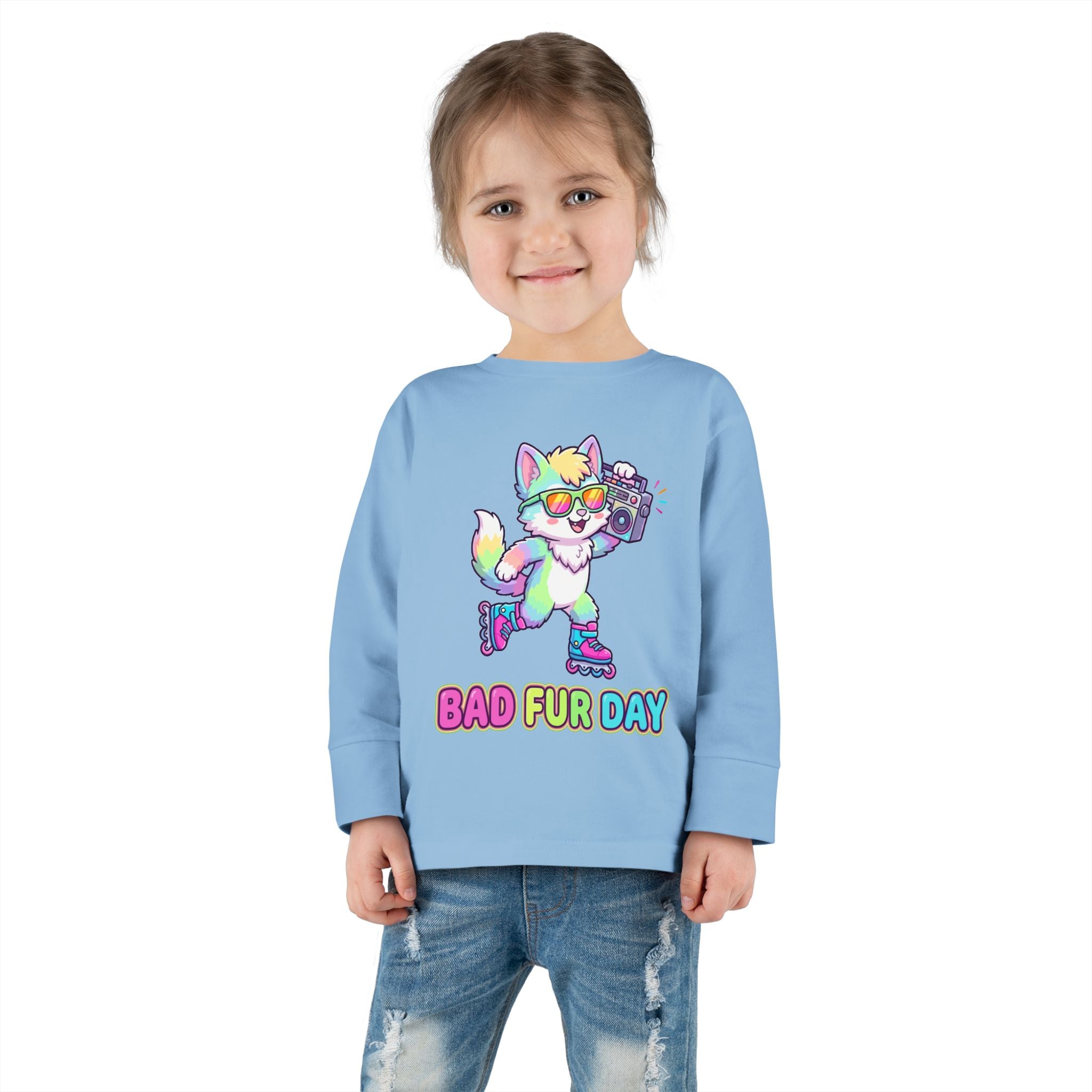 Toddler Long Sleeve Tee — "Bad Fur Day" Rainbow Roller Fox Kids Shirt