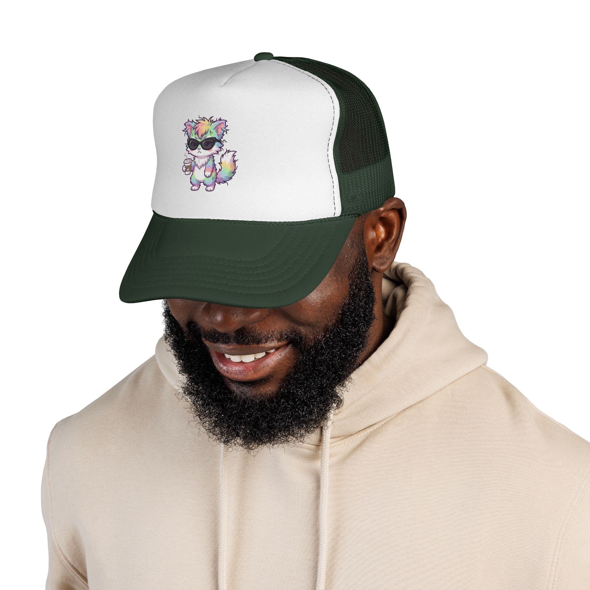 Grumpy Rainbow Furry Trucker Cap — Sunglasses Cute Mesh Back Hat