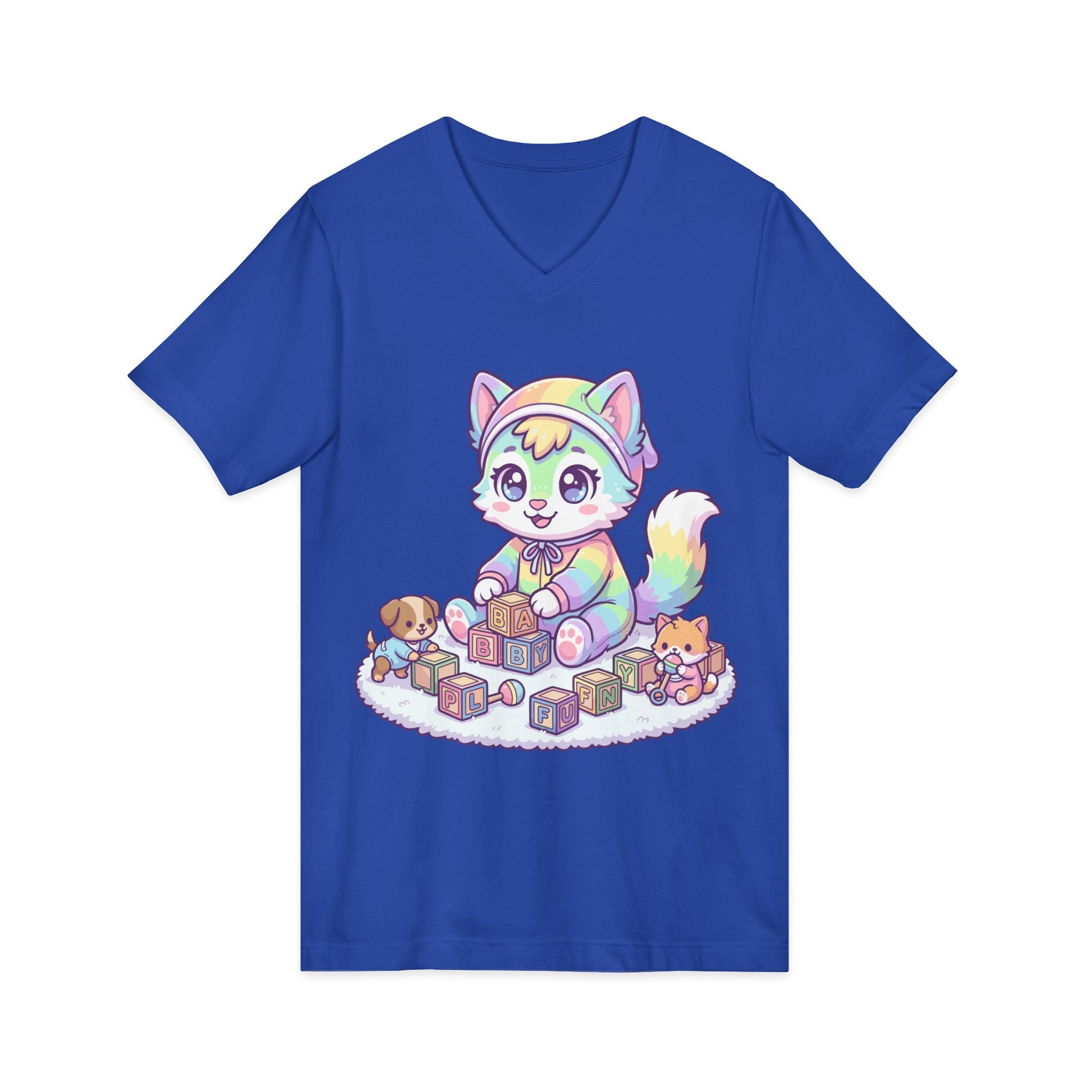 Baby Kawaii Rainbow Kitten Playing With Blocks V-Neck Tee