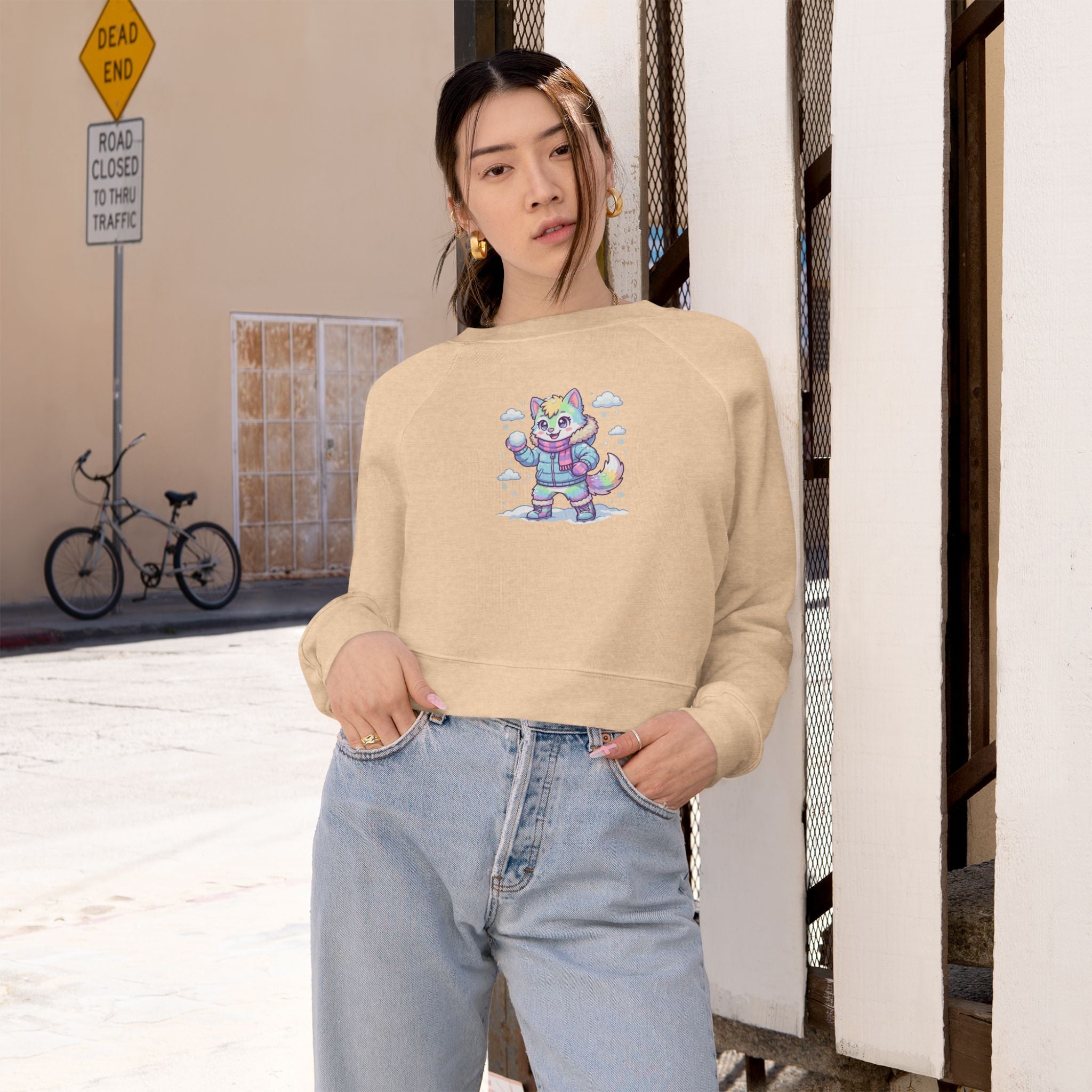Winter Cropped Pullover | Pastel Lucky Cat Snowball Graphic