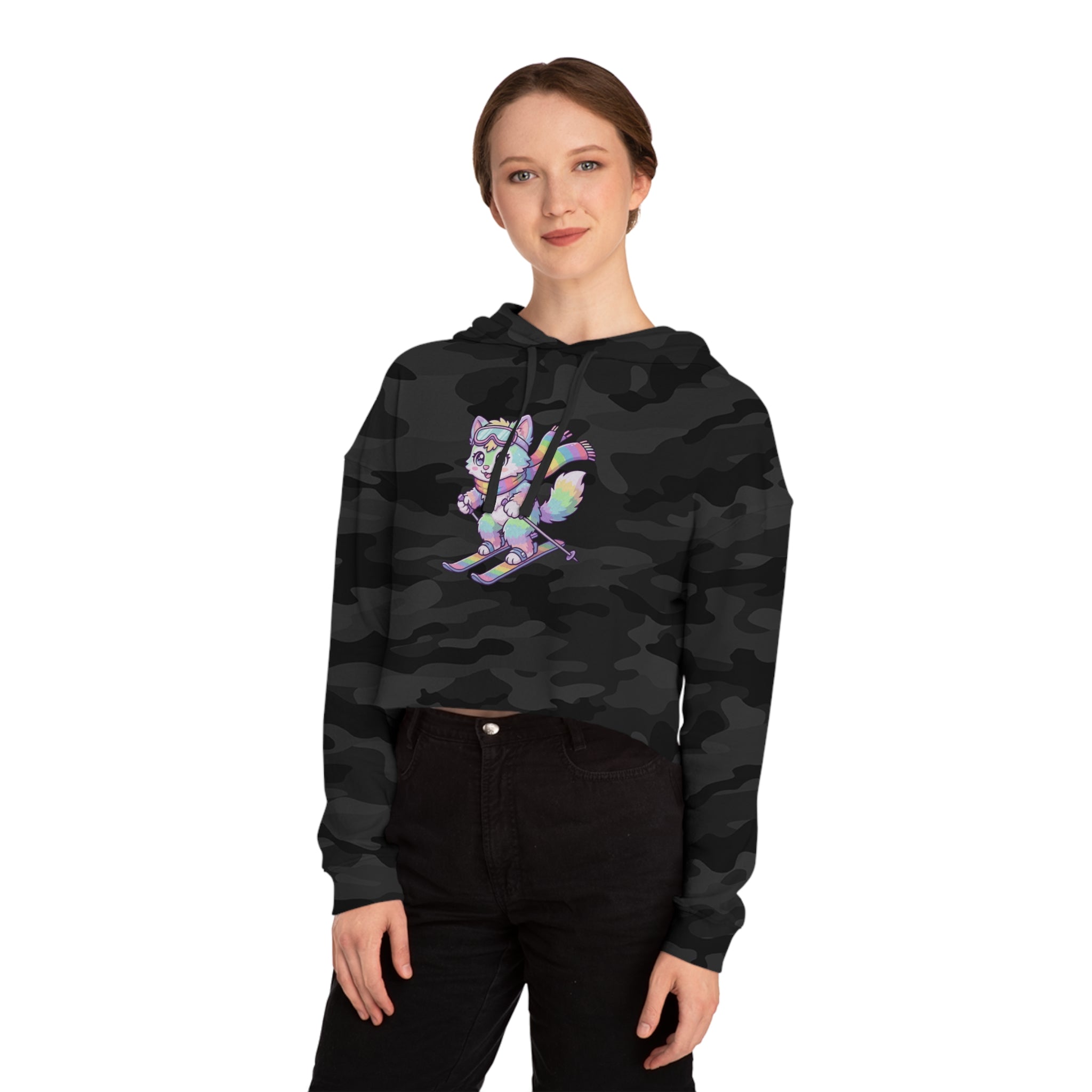 Rainbow Ski Cat Cropped Hoodie — Cute Pastel Cat Skiing Graphic Sweatshirt