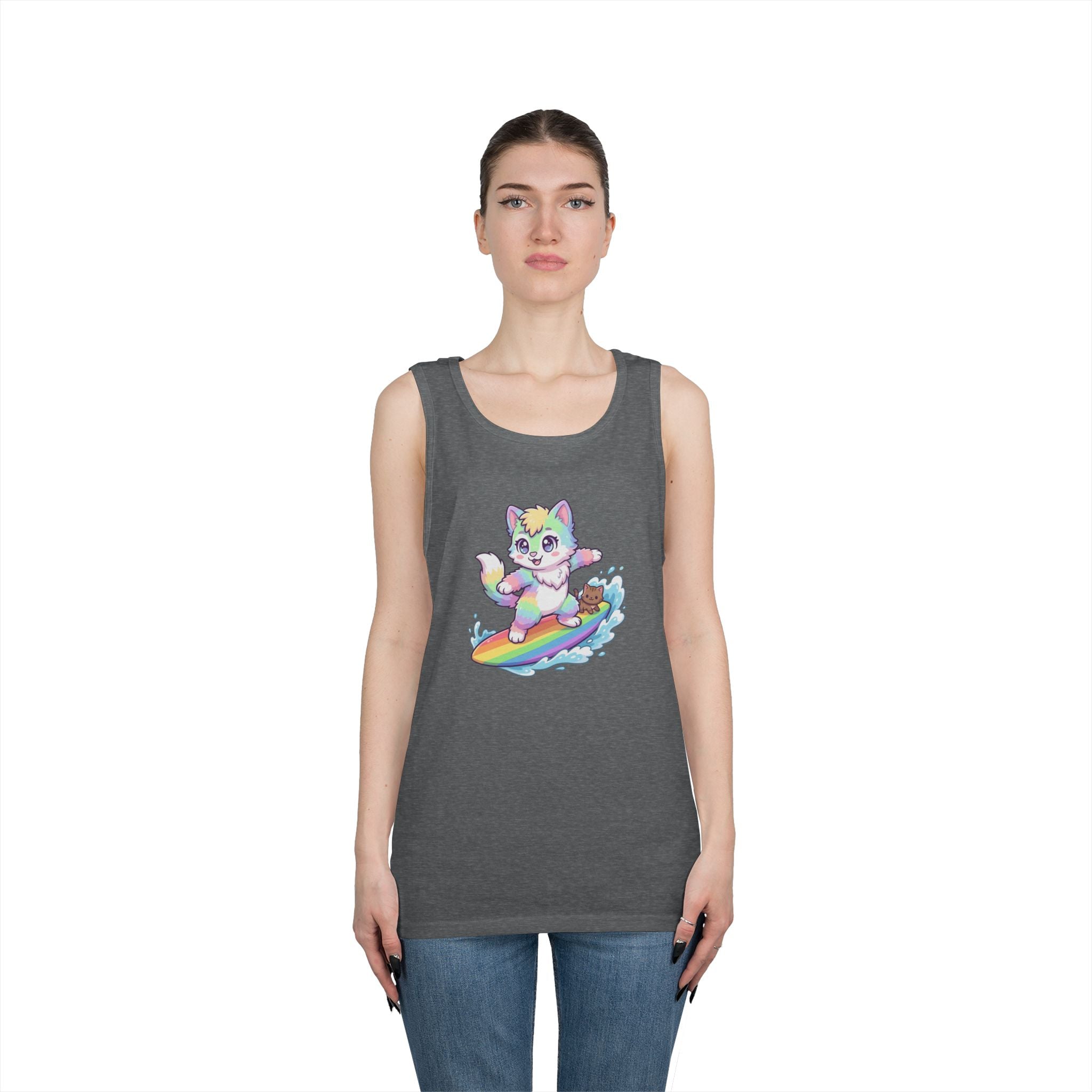 Kawaii Cat Surfing Rainbow Tank
