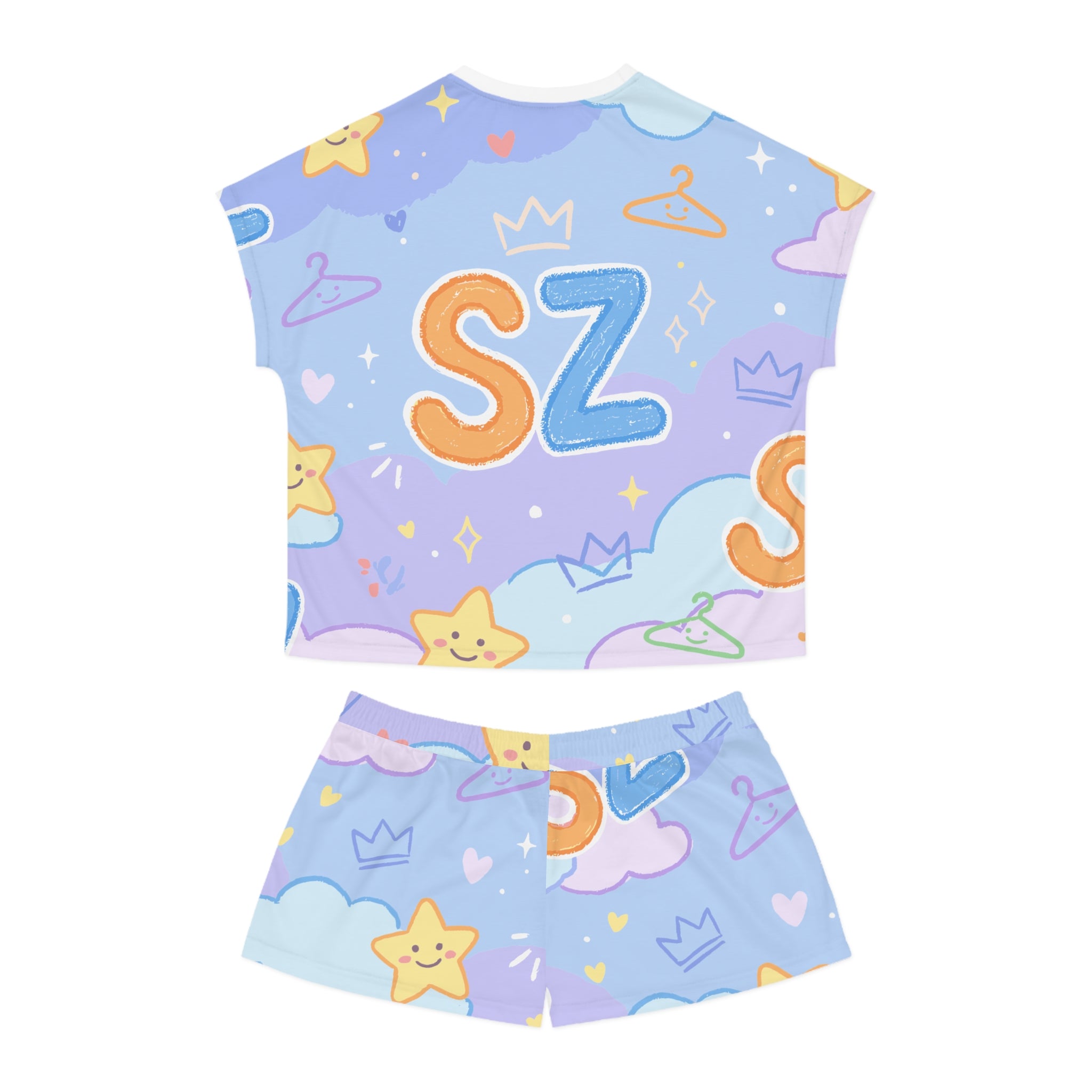 Cute Pastel 'SZ' Short Pajama Set — Women's Sleepwear, Star & Cloud Lounge Shorts Top
