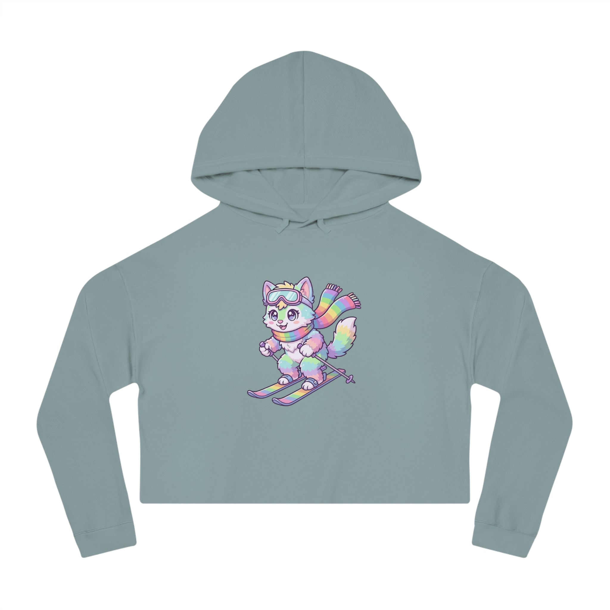 Rainbow Ski Cat Cropped Hoodie — Cute Pastel Cat Skiing Graphic Sweatshirt