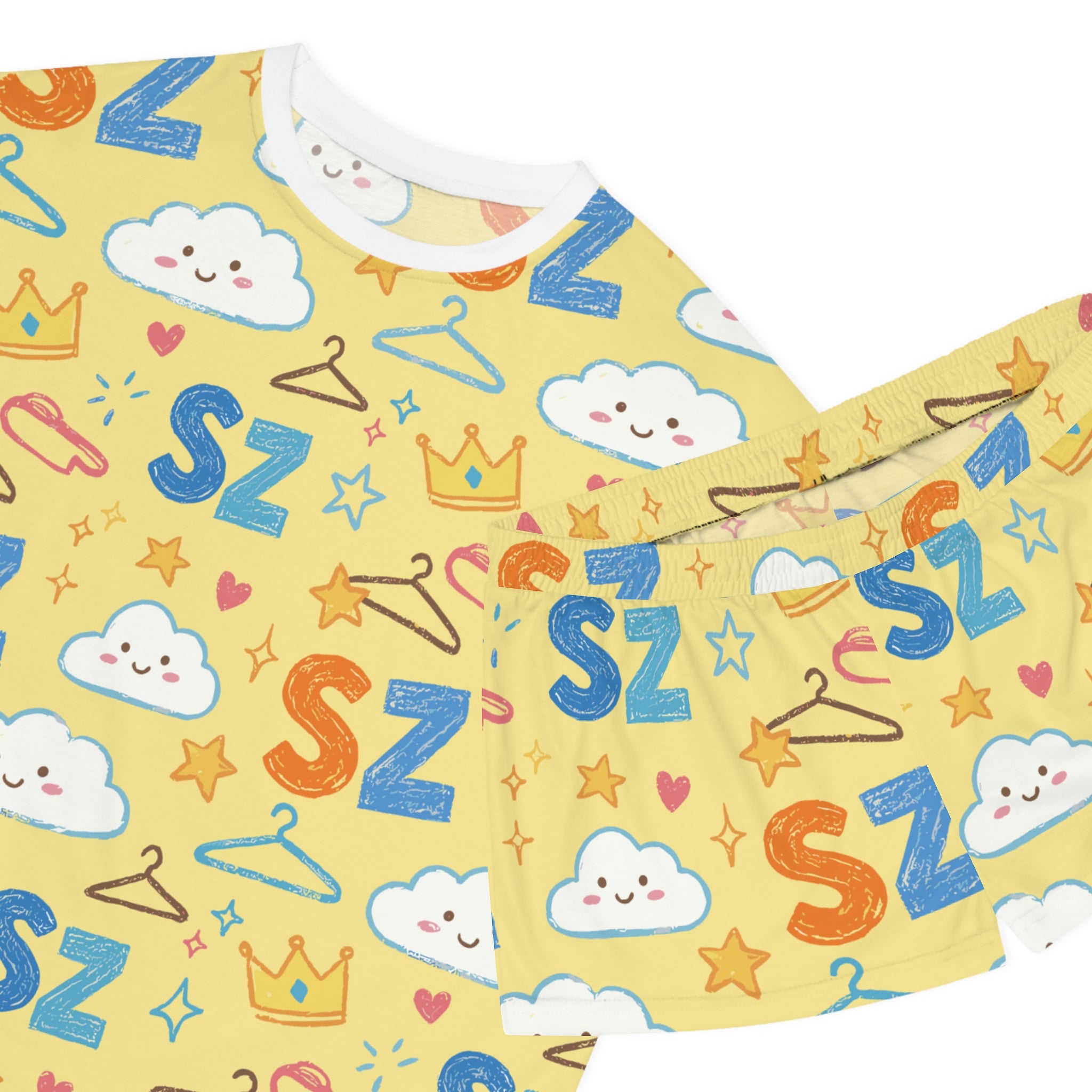 Women's Short Pajama Set - Cute Yellow 'SZ' Cloud & Crown All-Over Print