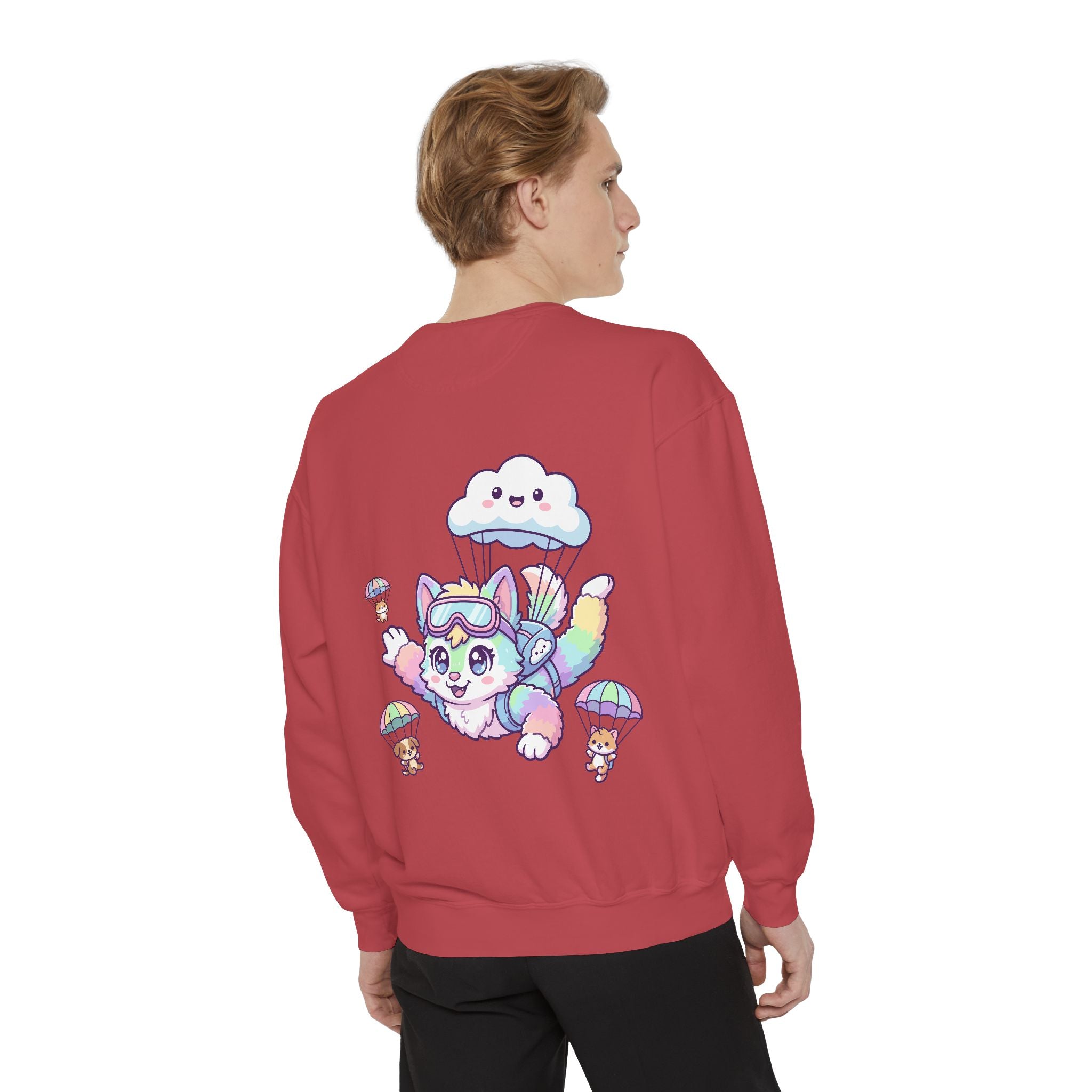 Cute Retro Rainbow Skydiving Furry Sweatshirt | Pocket Graphic T-Shirt