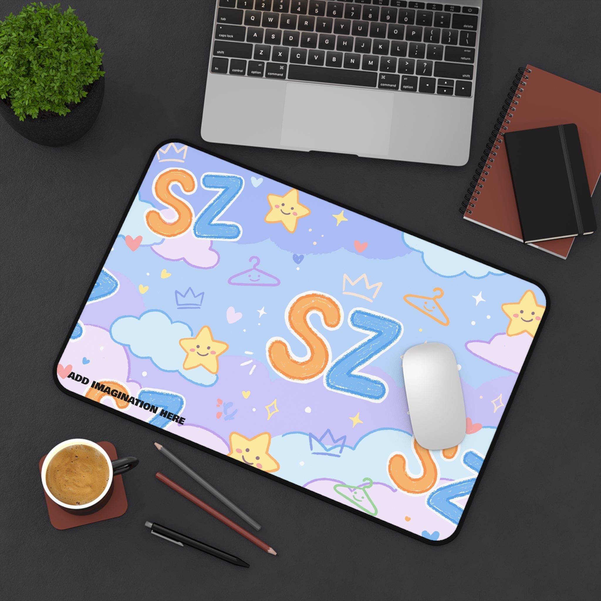 Cute Pastel 'SZ' Desk Mat — Kawaii Stars & Clouds Mouse Pad