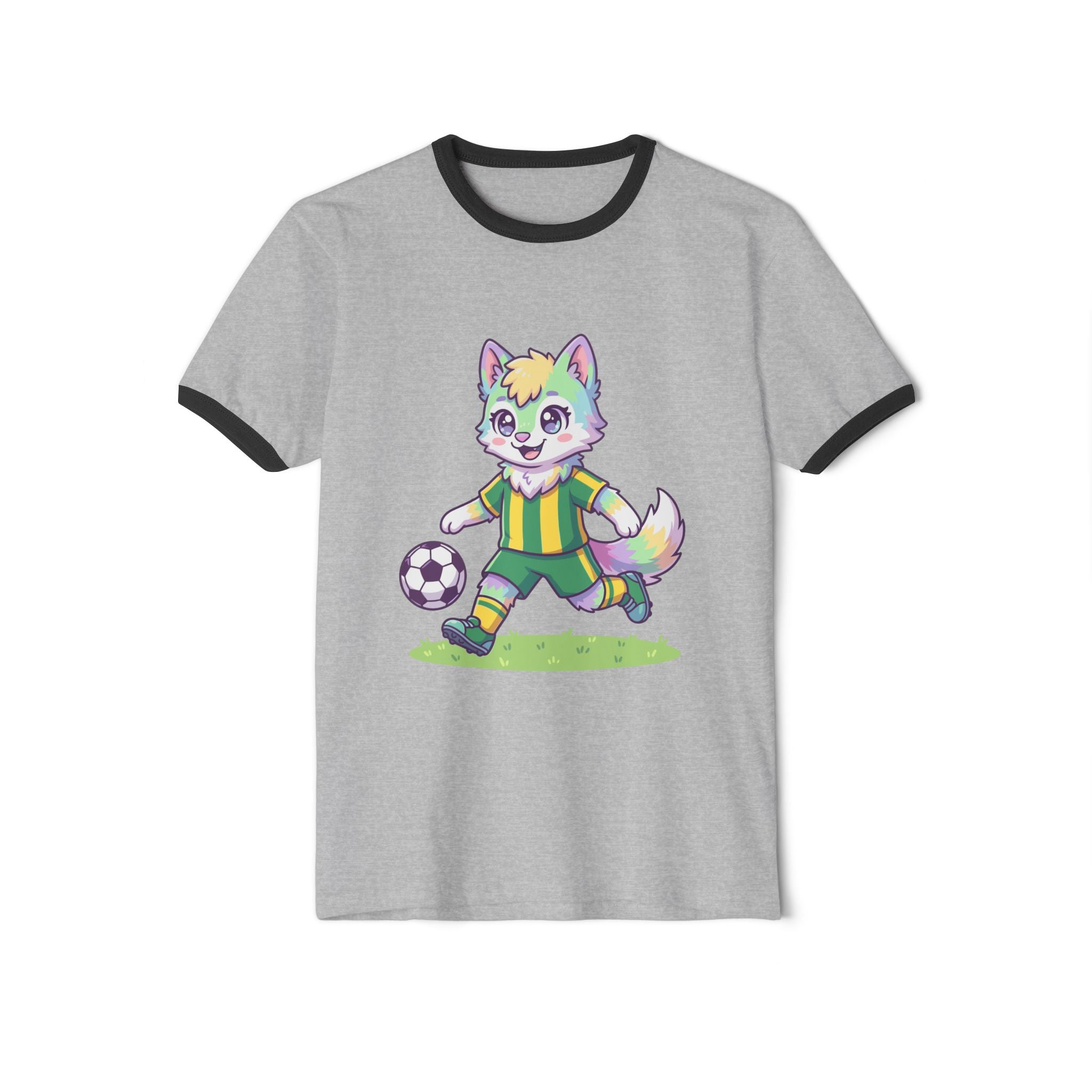 Soccer Rainbow Fox Kids Ringer T-Shirt | Cute Cartoon Fox Playing Soccer