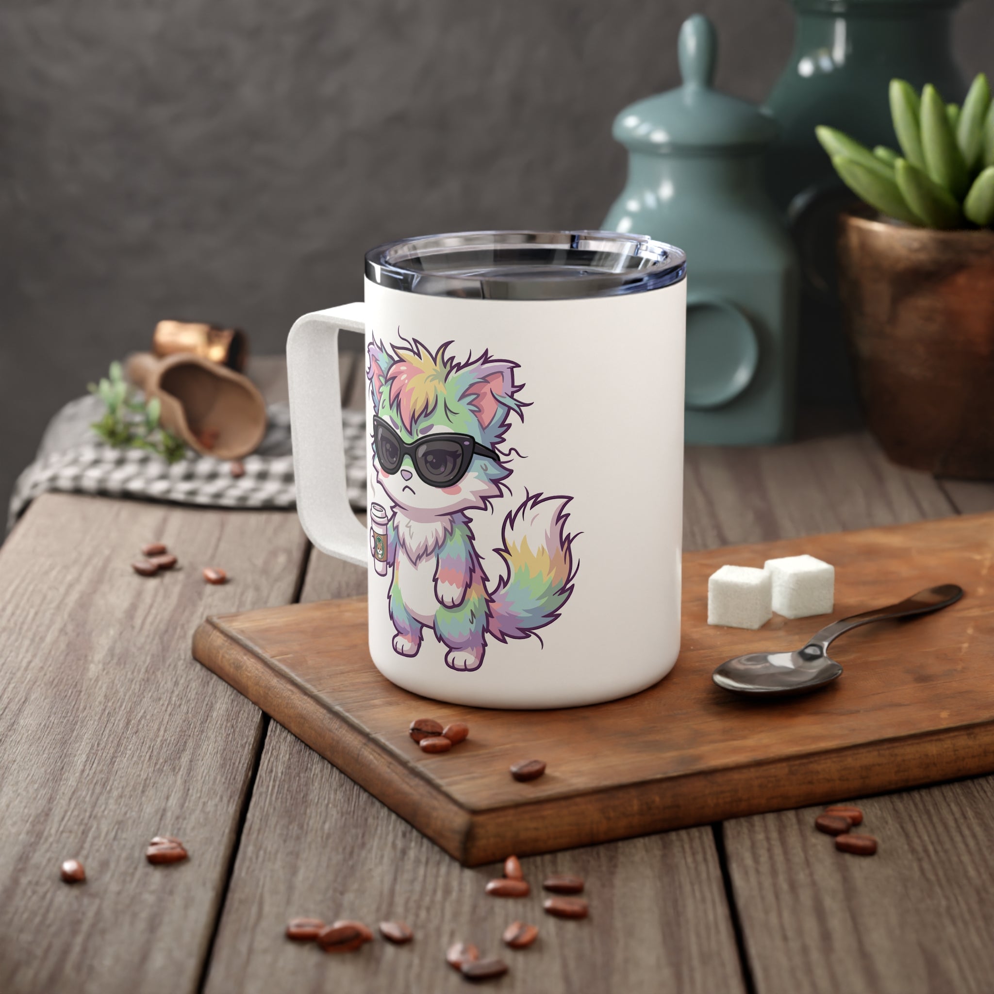 10oz Insulated Coffee Mug — Cute Grumpy Rainbow Furry Holding Coffee Cute Travel Tumbler