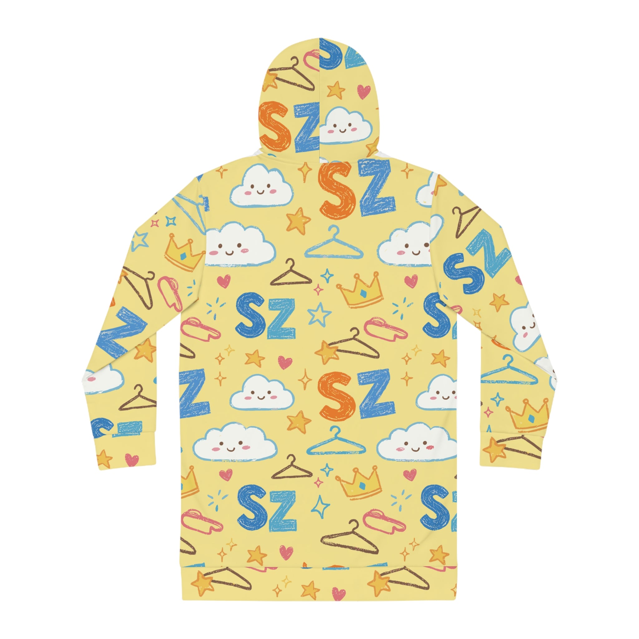 Cute Yellow 'SZ' Pattern Women's Hoodie Dress — Kawaii Cloud & Crown All-Over Print