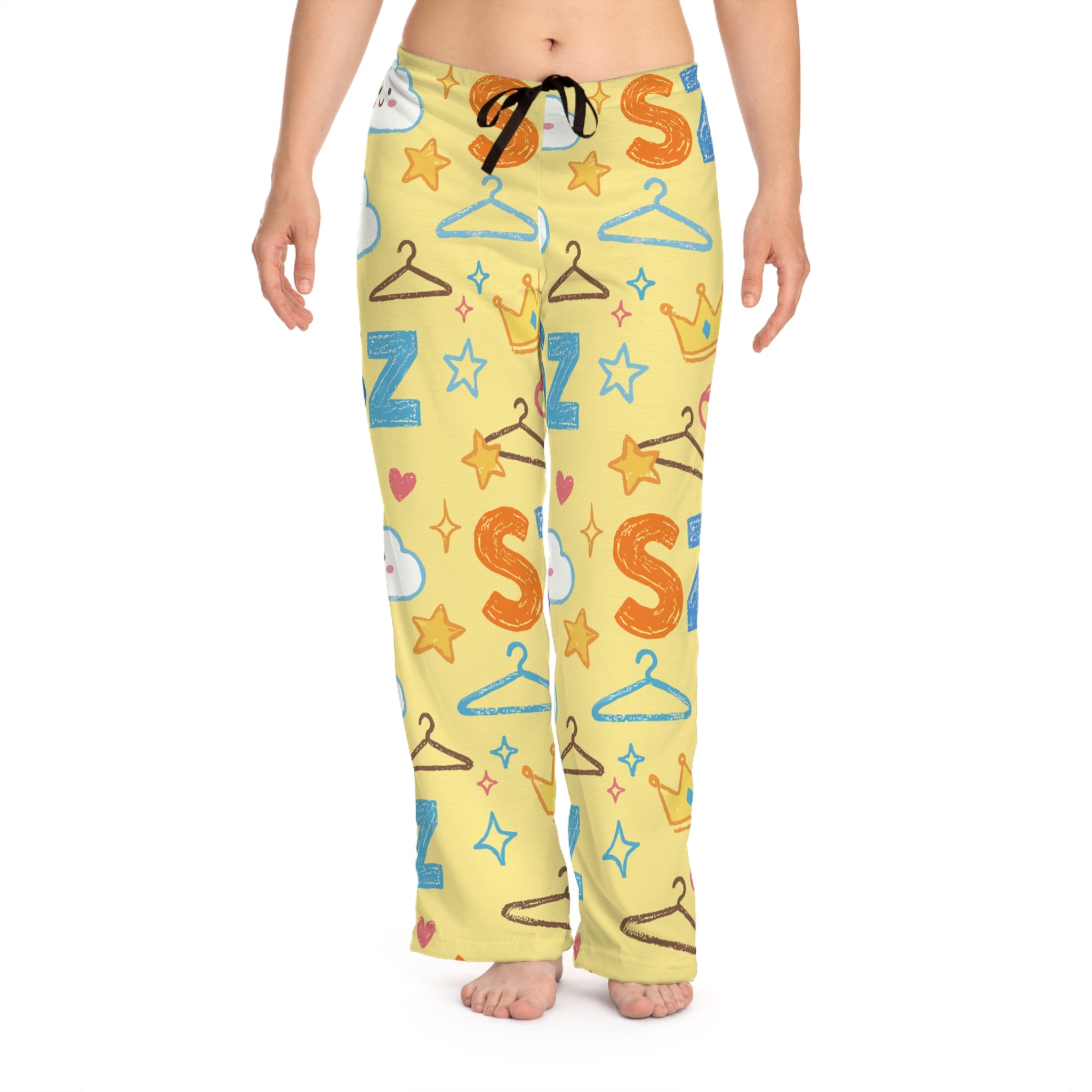 Women’s Sleep Pants — Cute Yellow ‘Zzz’ Cloud & Hanger Pattern Pajama Bottoms