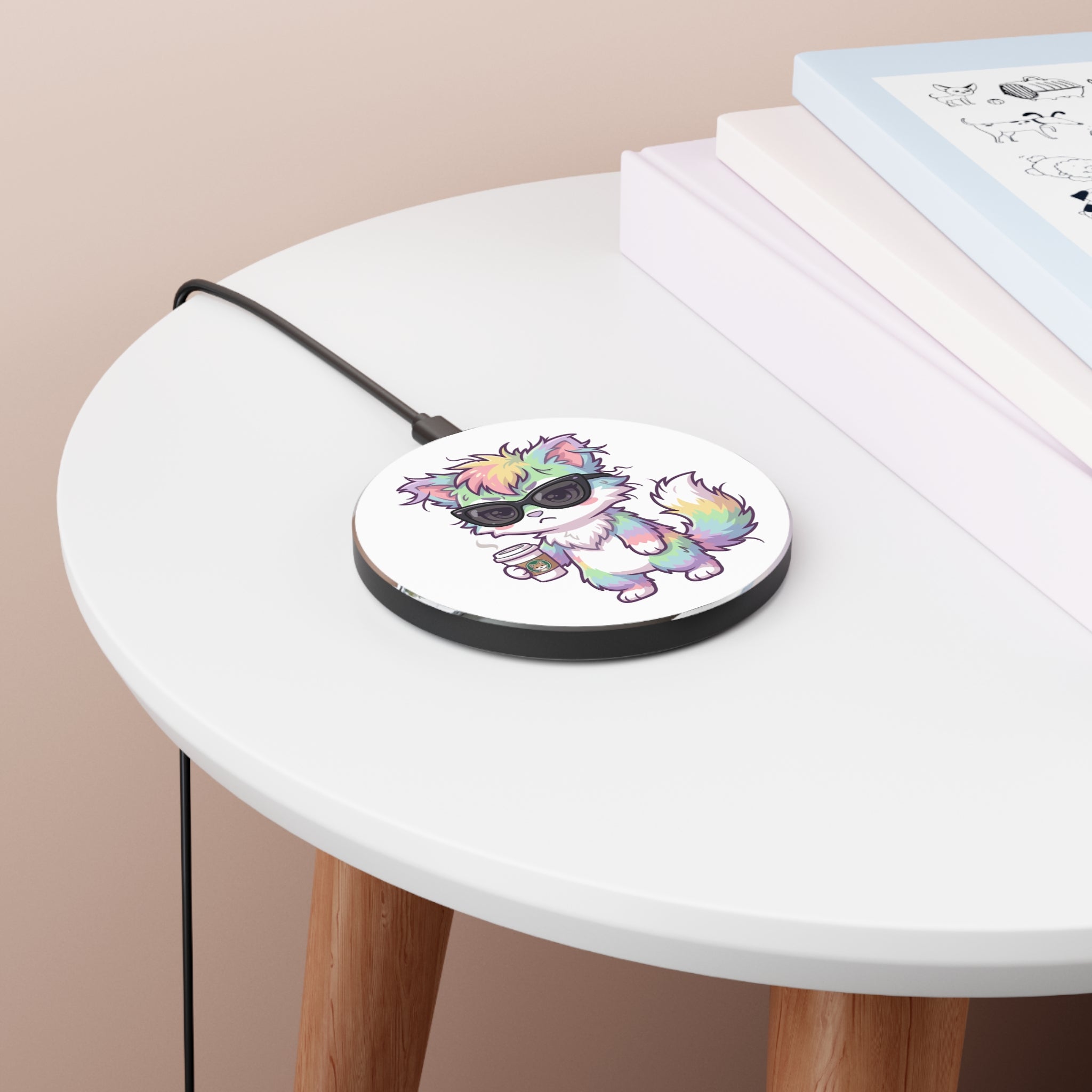 Cute Rainbow Cat with Coffee Wireless Charger — Kawaii Cat Phone Charger