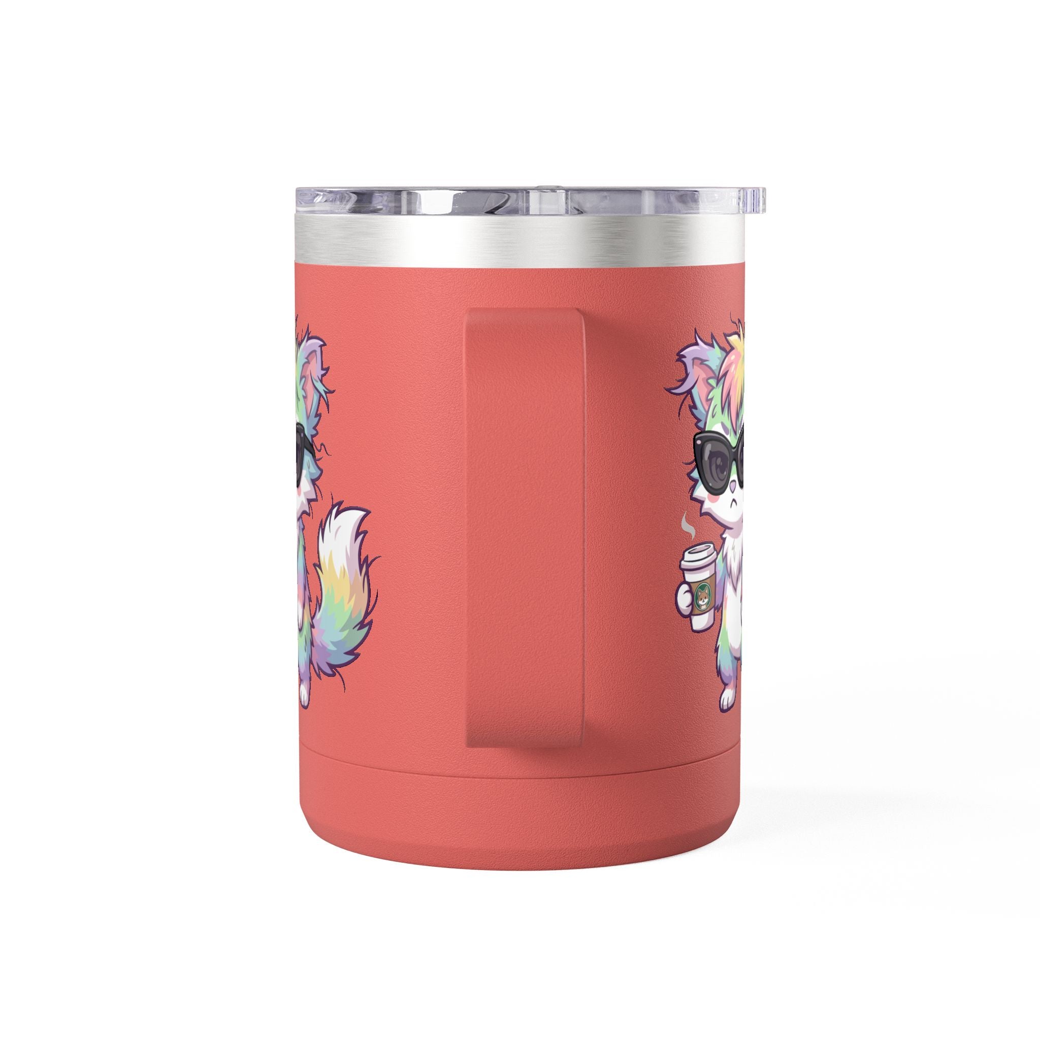 15oz Travel Mug – Cute Grumpy Rainbow Furry with Coffee