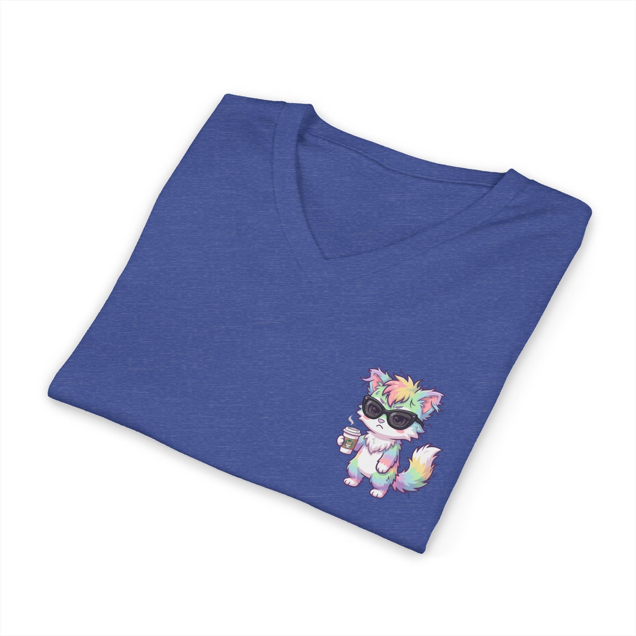 Cute Grumpy Rainbow Furry V-Neck Tee — Kawaii Graphic Shirt