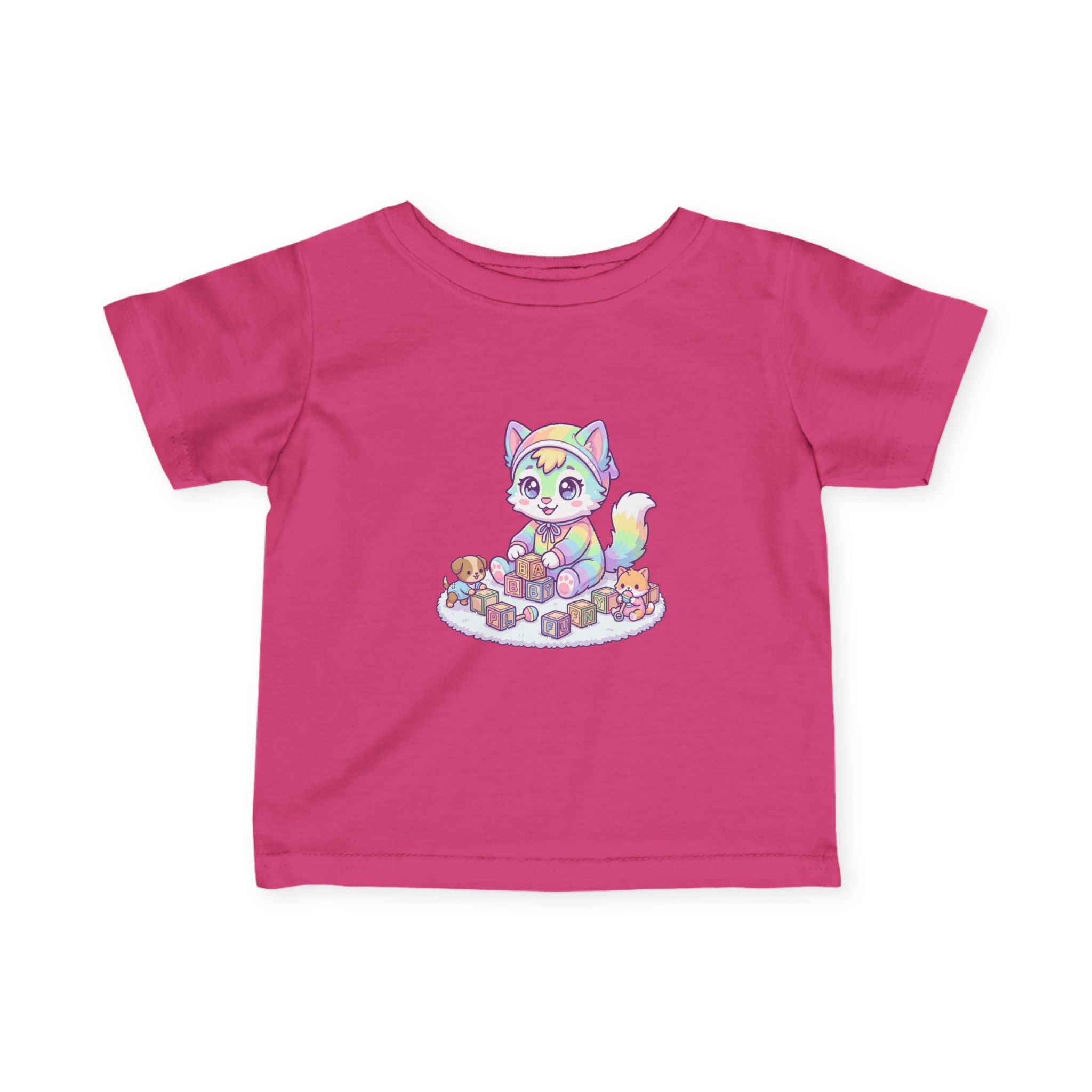 Pastel Rainbow Kitten Infant Tee – Cute Kitty with Toy Blocks