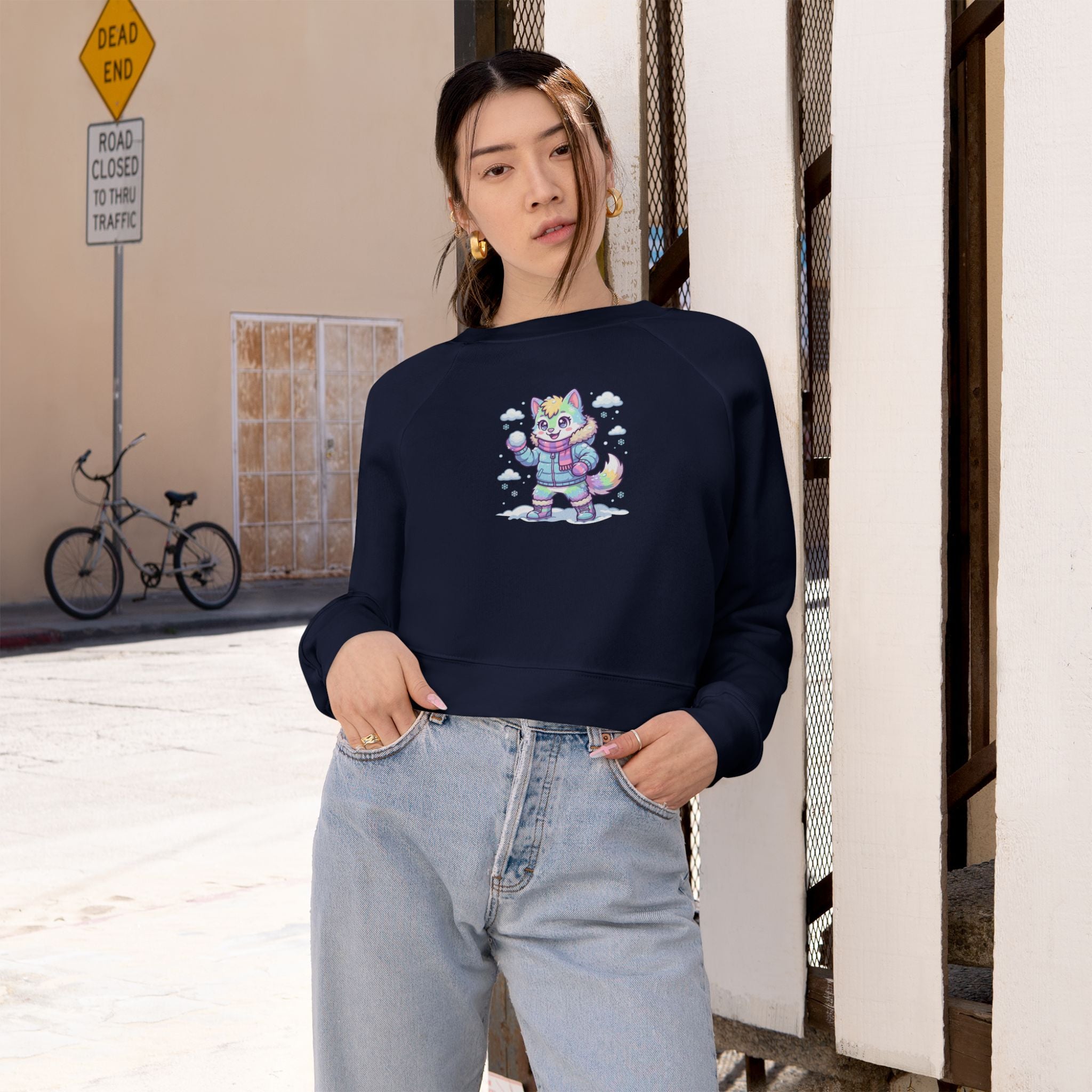 Winter Cropped Pullover | Pastel Lucky Cat Snowball Graphic