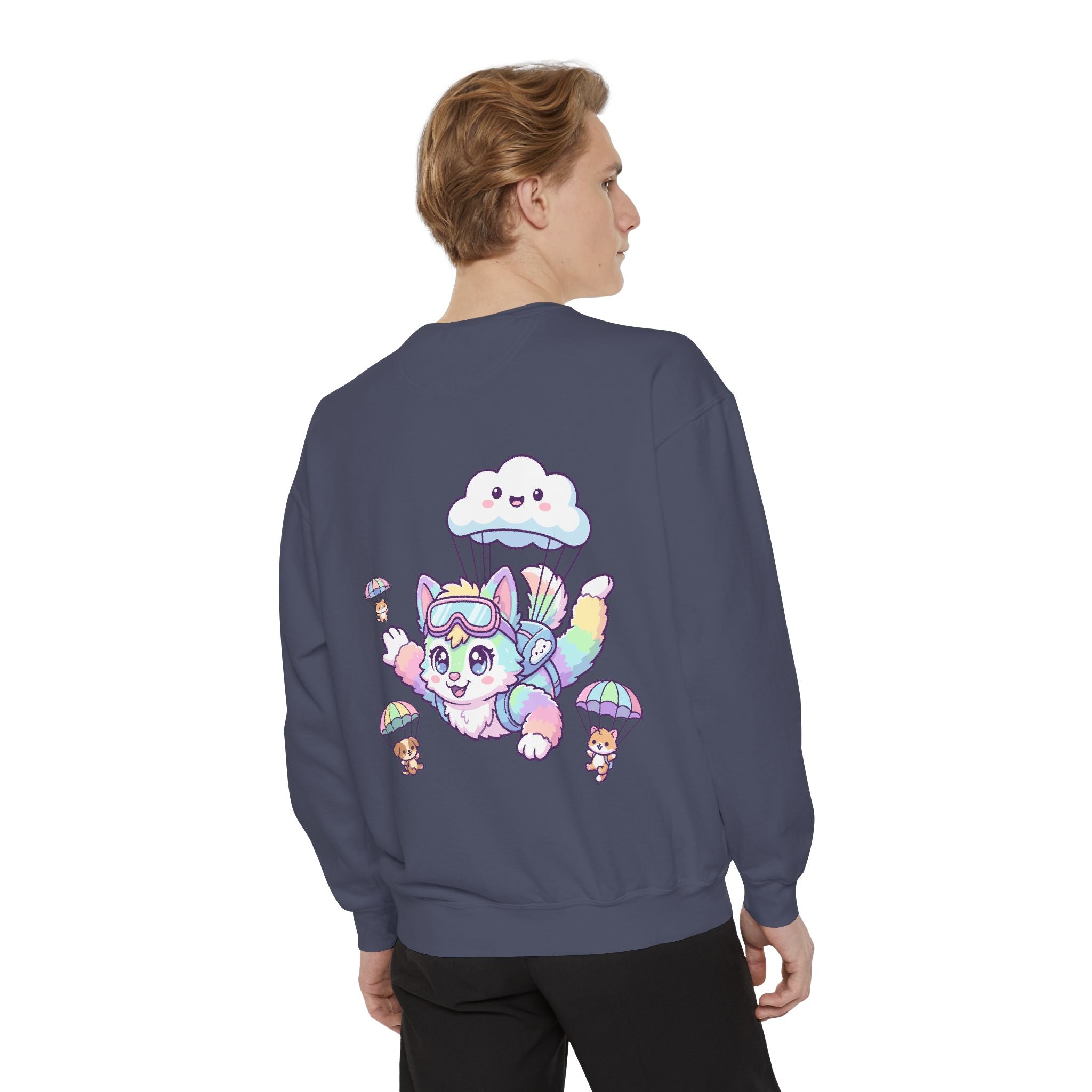 Cute Retro Rainbow Skydiving Furry Sweatshirt | Pocket Graphic T-Shirt