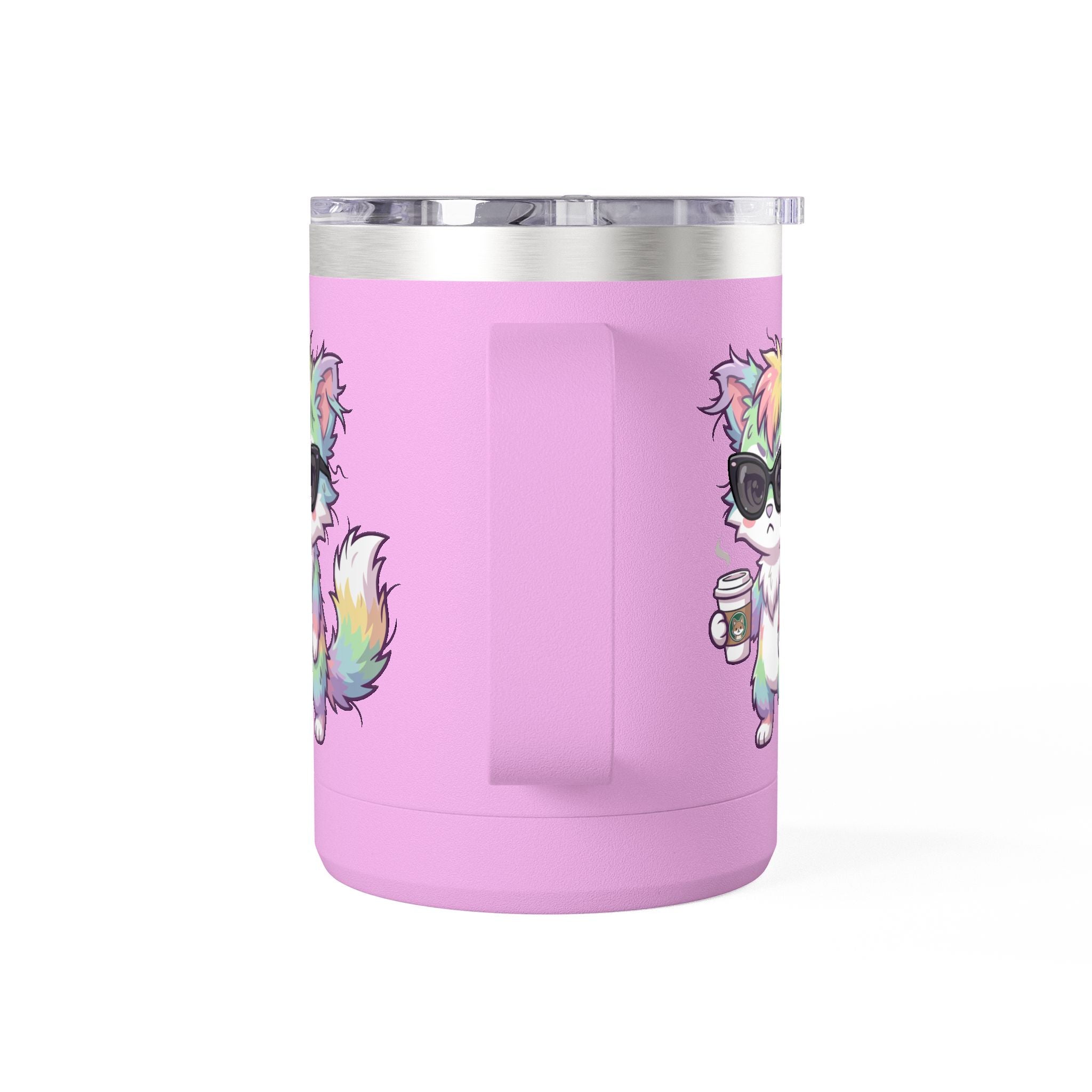 15oz Travel Mug – Cute Grumpy Rainbow Furry with Coffee