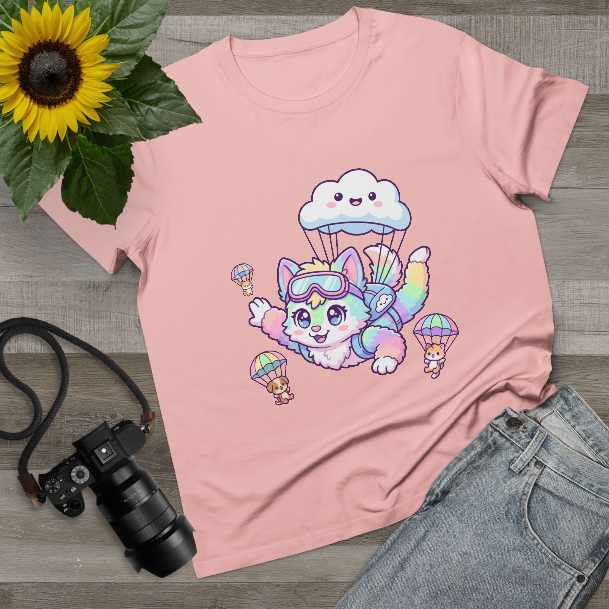 Pastel Rainbow Furry Skydiving Character Tee | Cute Pet Pals