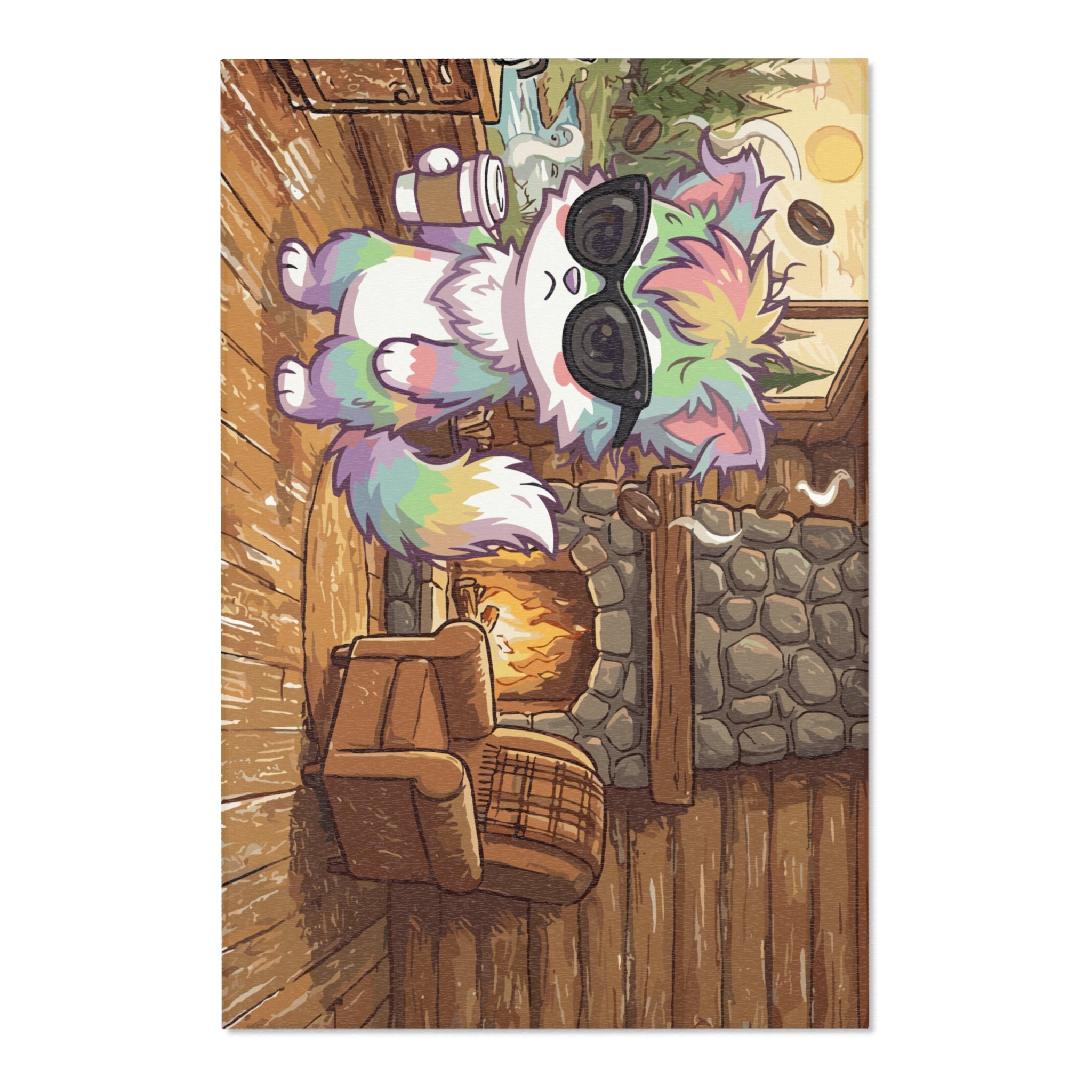 Cozy Cabin Rainbow Fox Area Rug — Cute Colorful Cat with Sunglasses Indoor Accent Mat