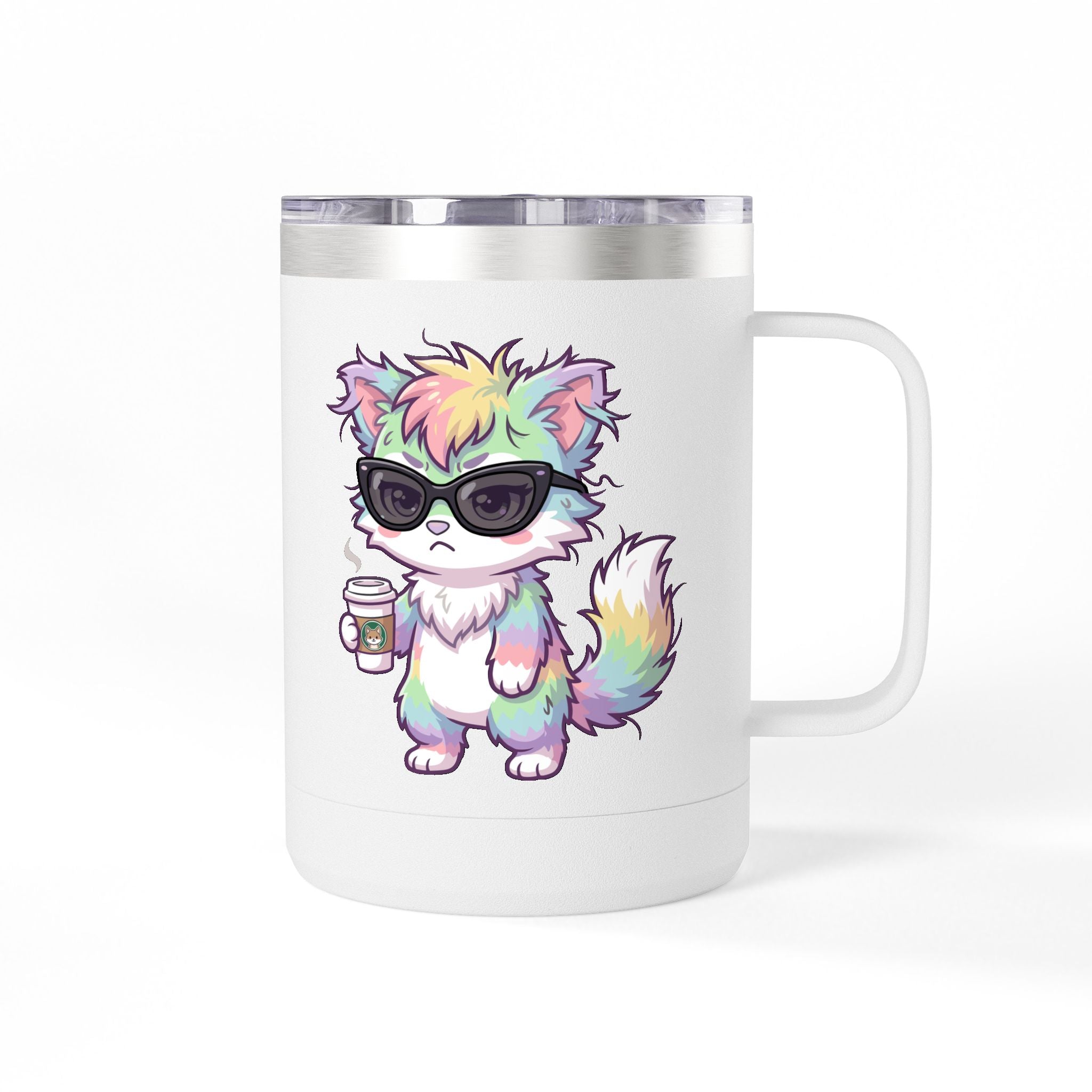 15oz Travel Mug – Cute Grumpy Rainbow Furry with Coffee