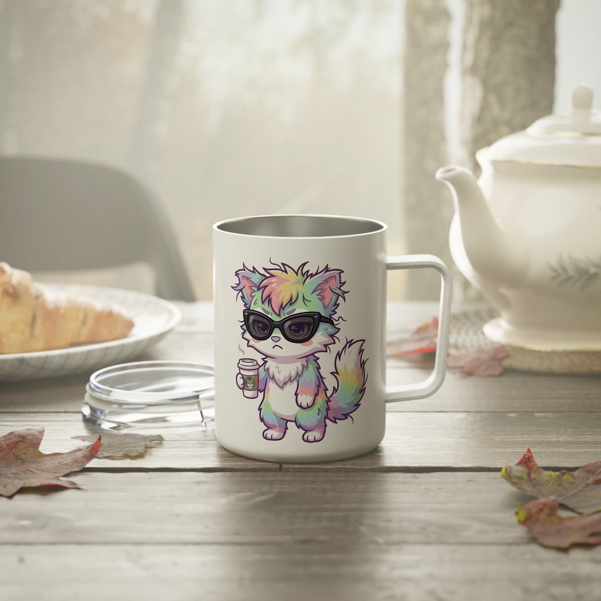 10oz Insulated Coffee Mug — Cute Grumpy Rainbow Furry Holding Coffee Cute Travel Tumbler