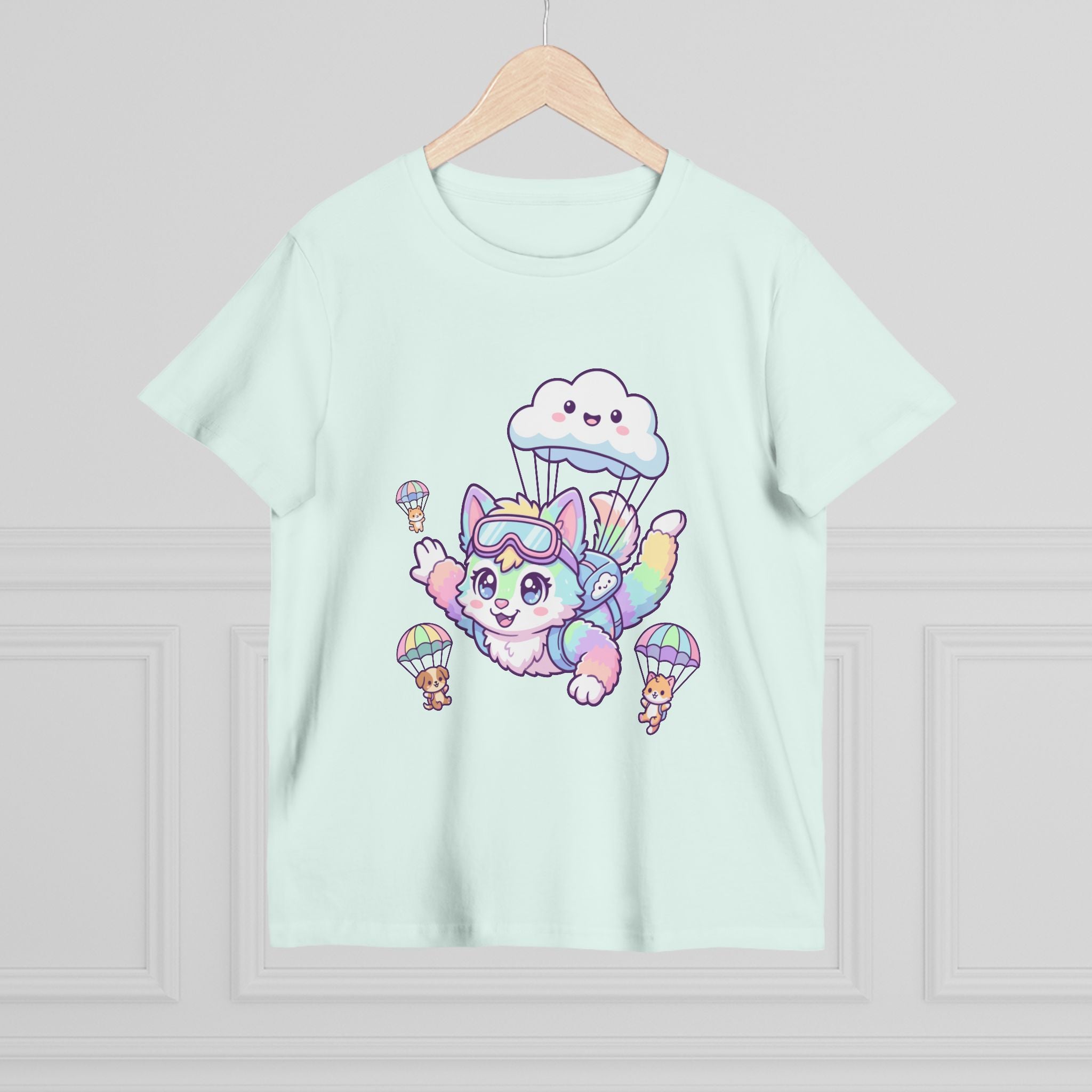 Pastel Rainbow Furry Skydiving Character Tee | Cute Pet Pals