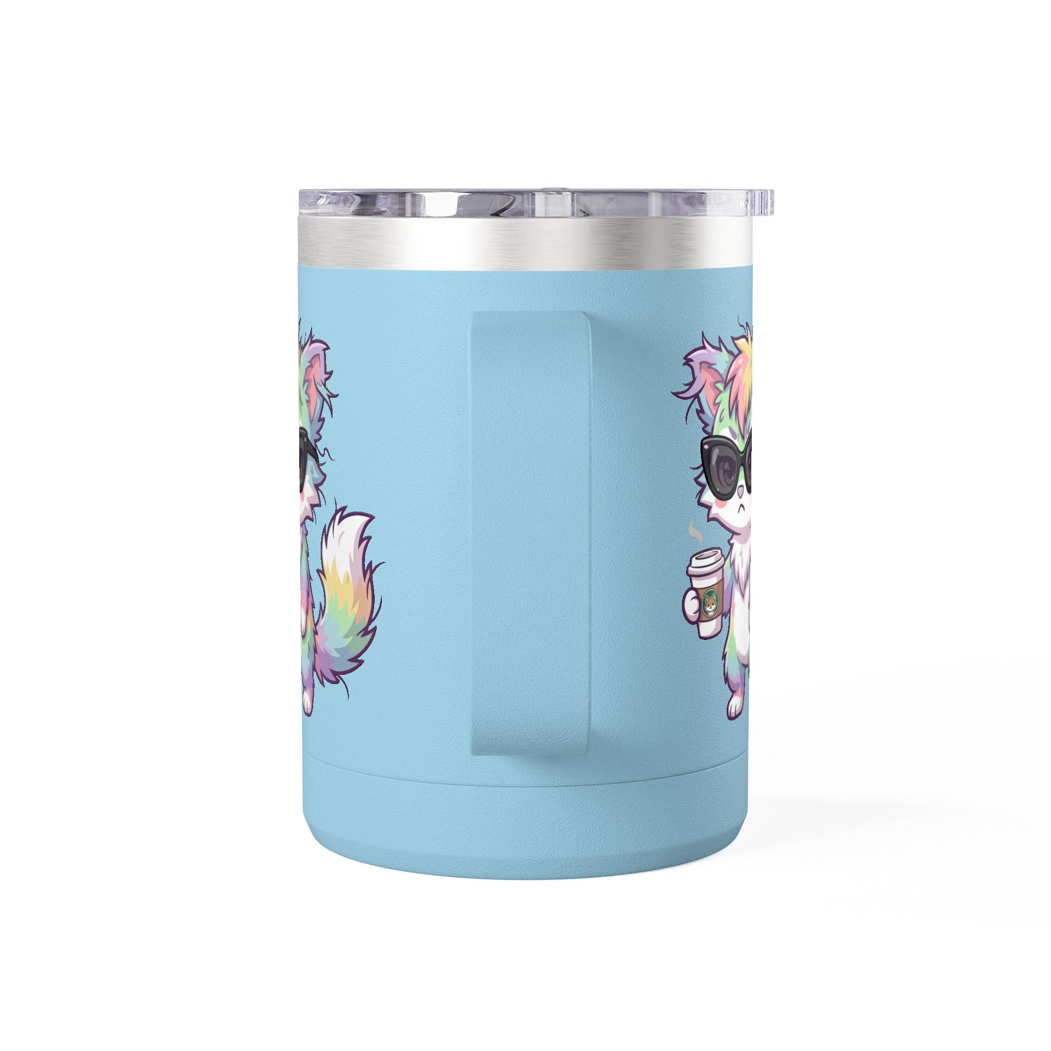 15oz Travel Mug – Cute Grumpy Rainbow Furry with Coffee