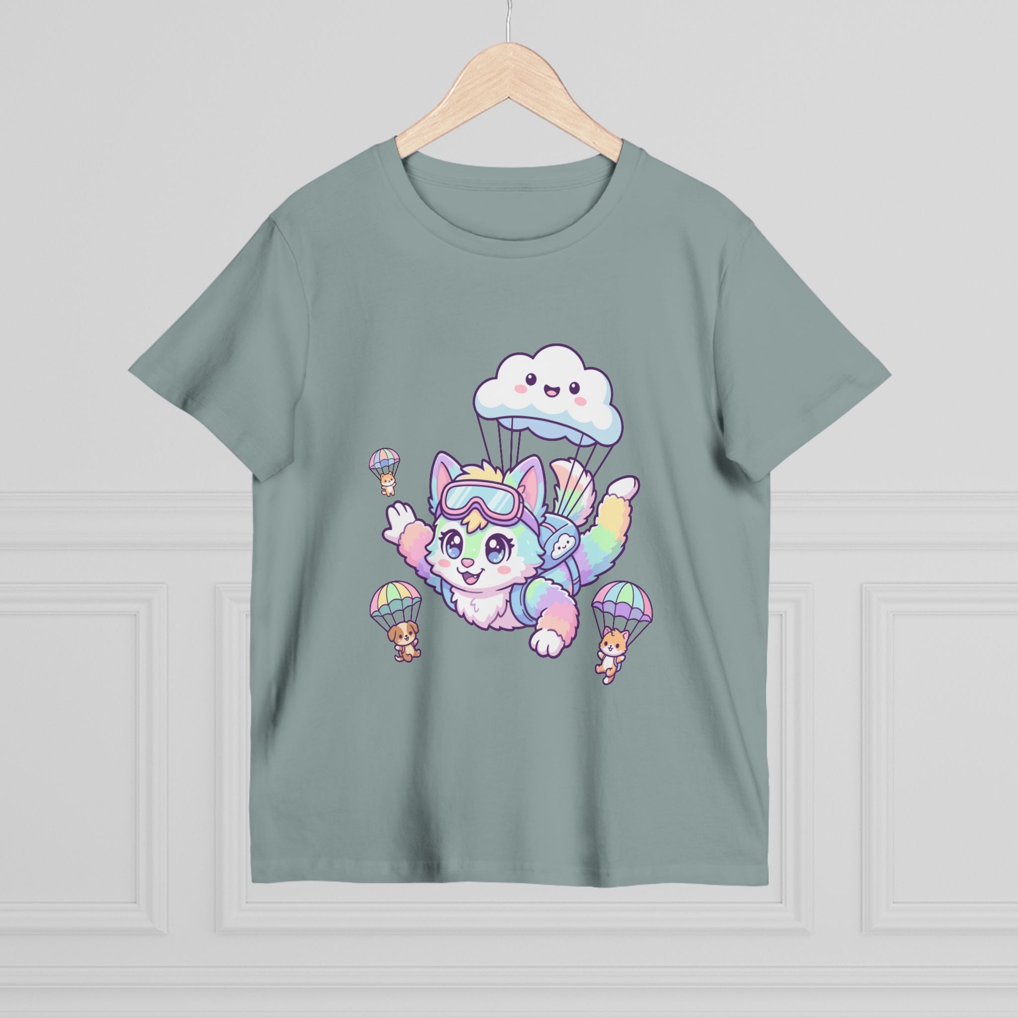 Pastel Rainbow Furry Skydiving Character Tee | Cute Pet Pals
