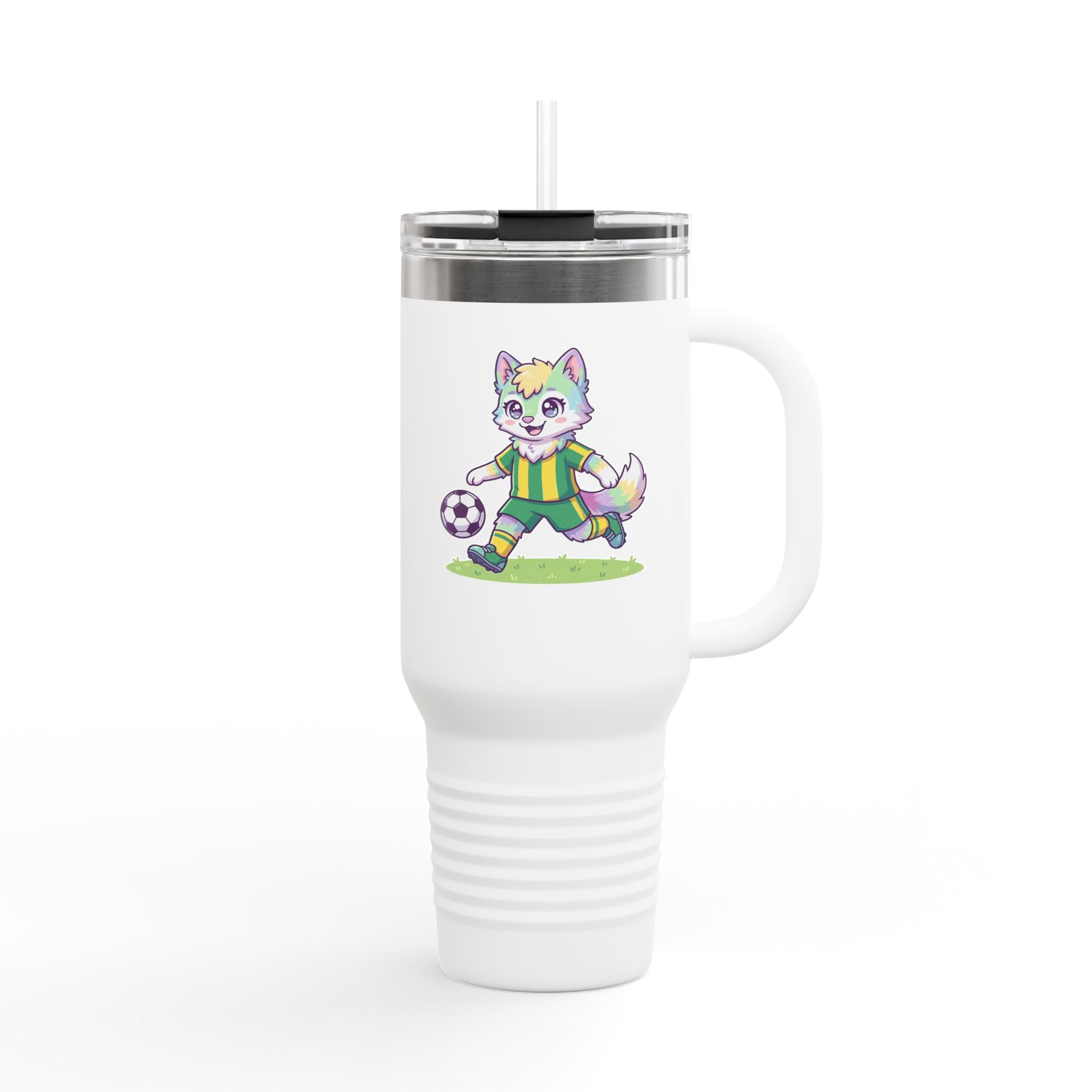 40oz Insulated Travel Mug — Cute Soccer Pastel Fox Design