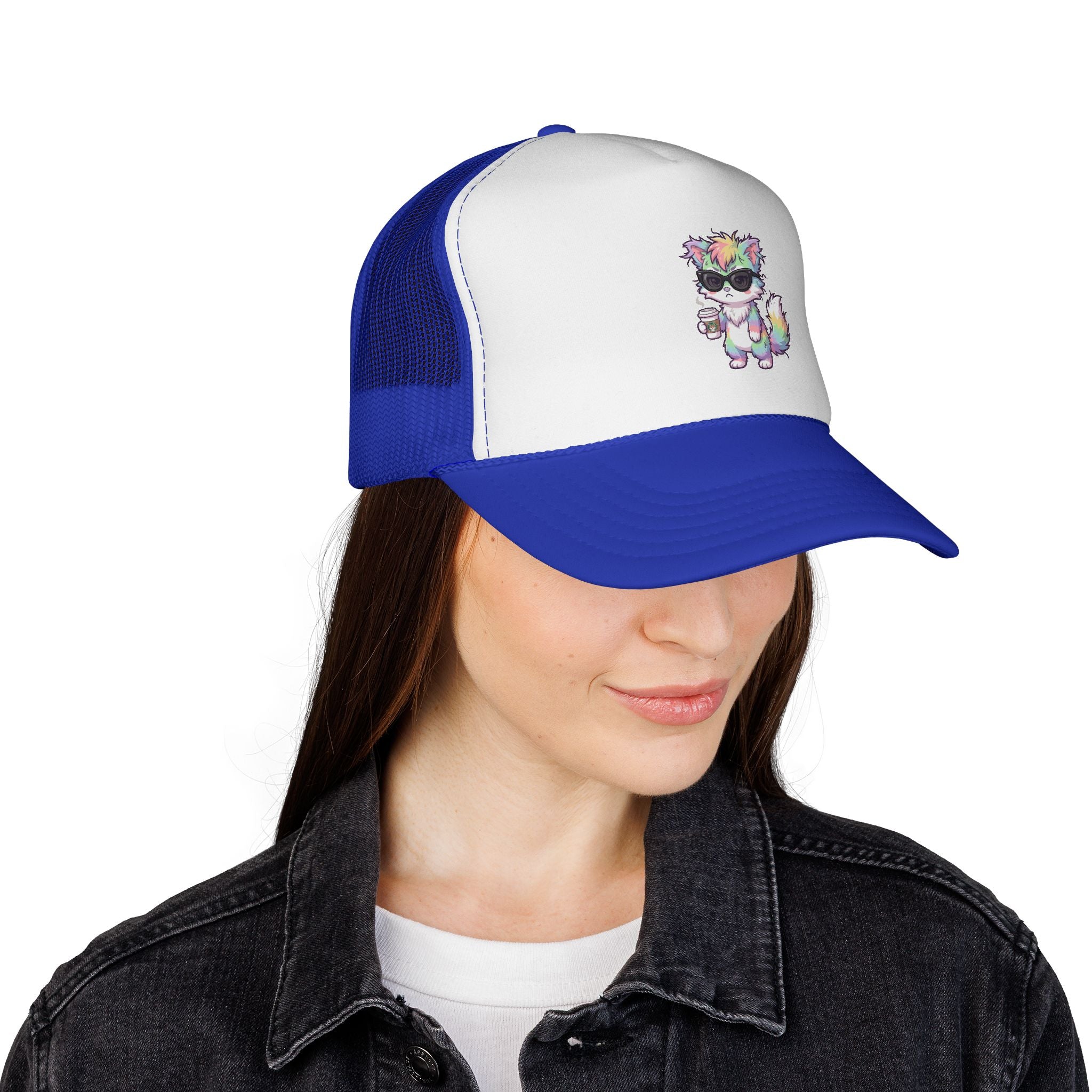 Grumpy Rainbow Furry Trucker Cap — Sunglasses Cute Mesh Back Hat
