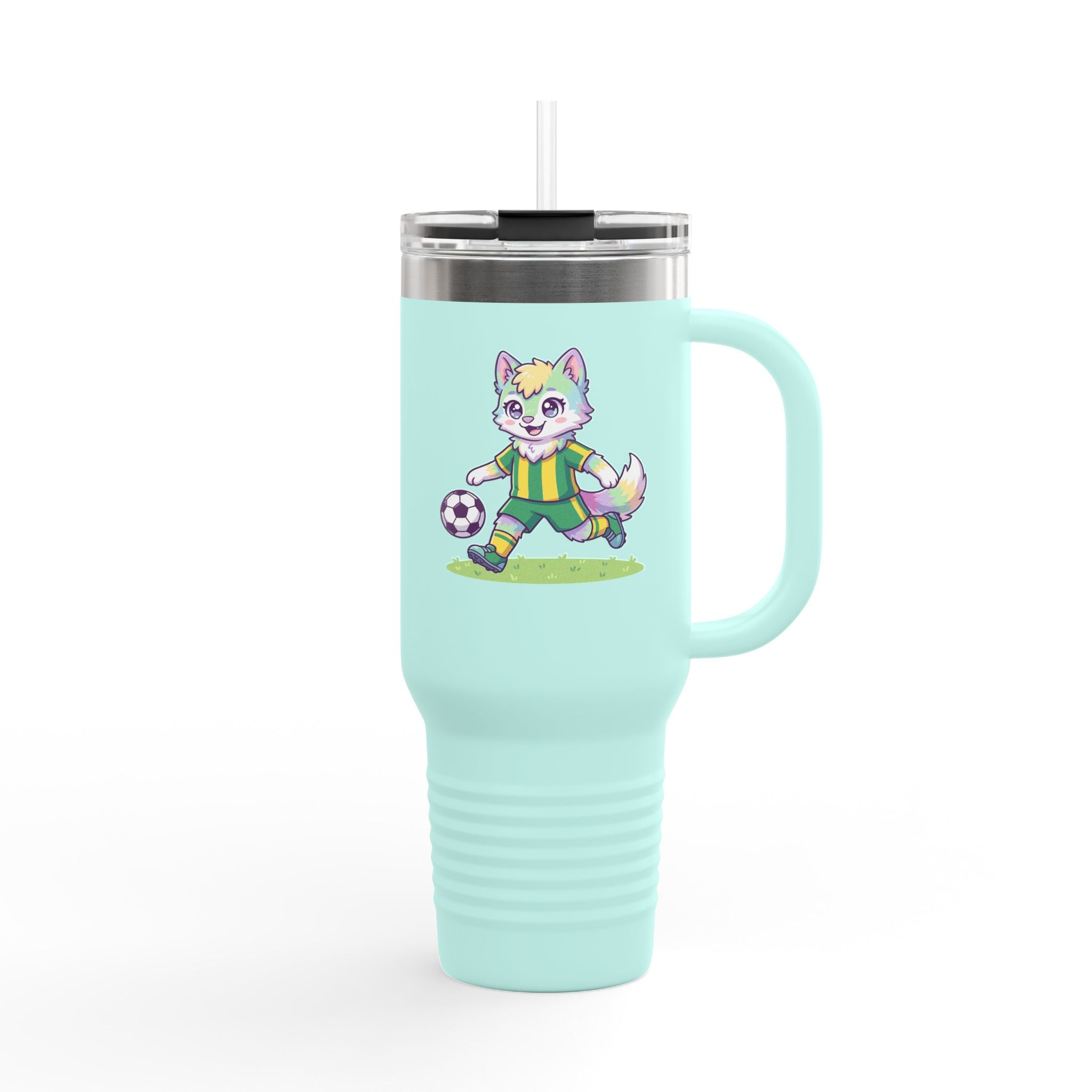 40oz Insulated Travel Mug — Cute Soccer Pastel Fox Design