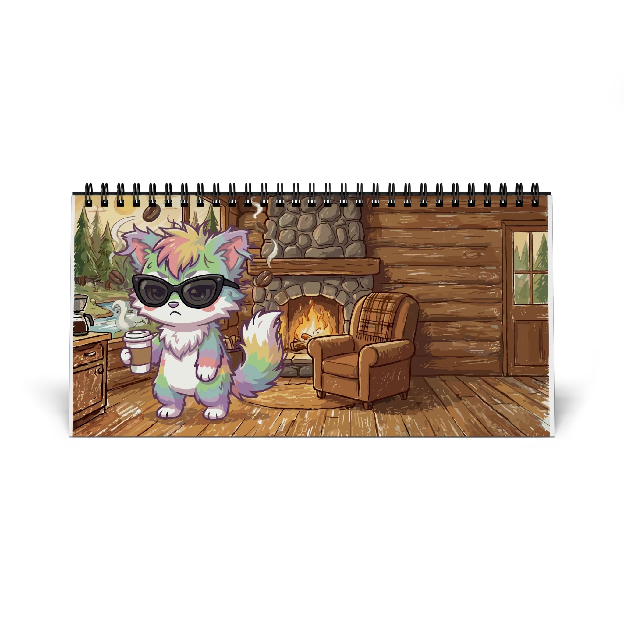 2026 Simplex Desk Calendar — Cute Cool Cat Cabin Art (Grid Planner)