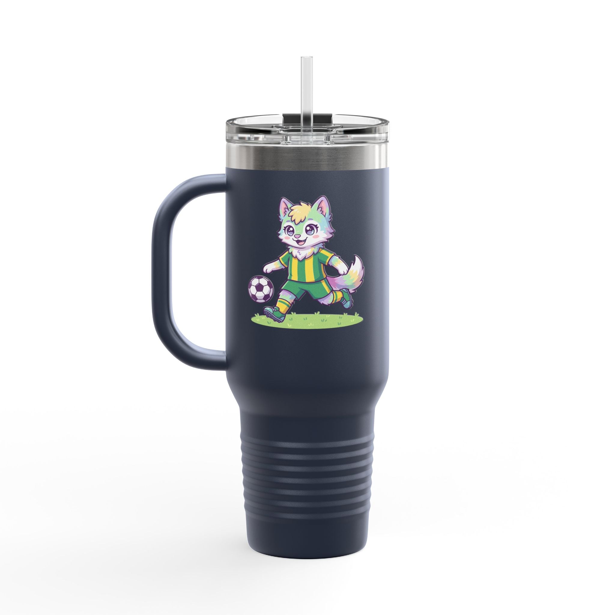 40oz Insulated Travel Mug — Cute Soccer Pastel Fox Design