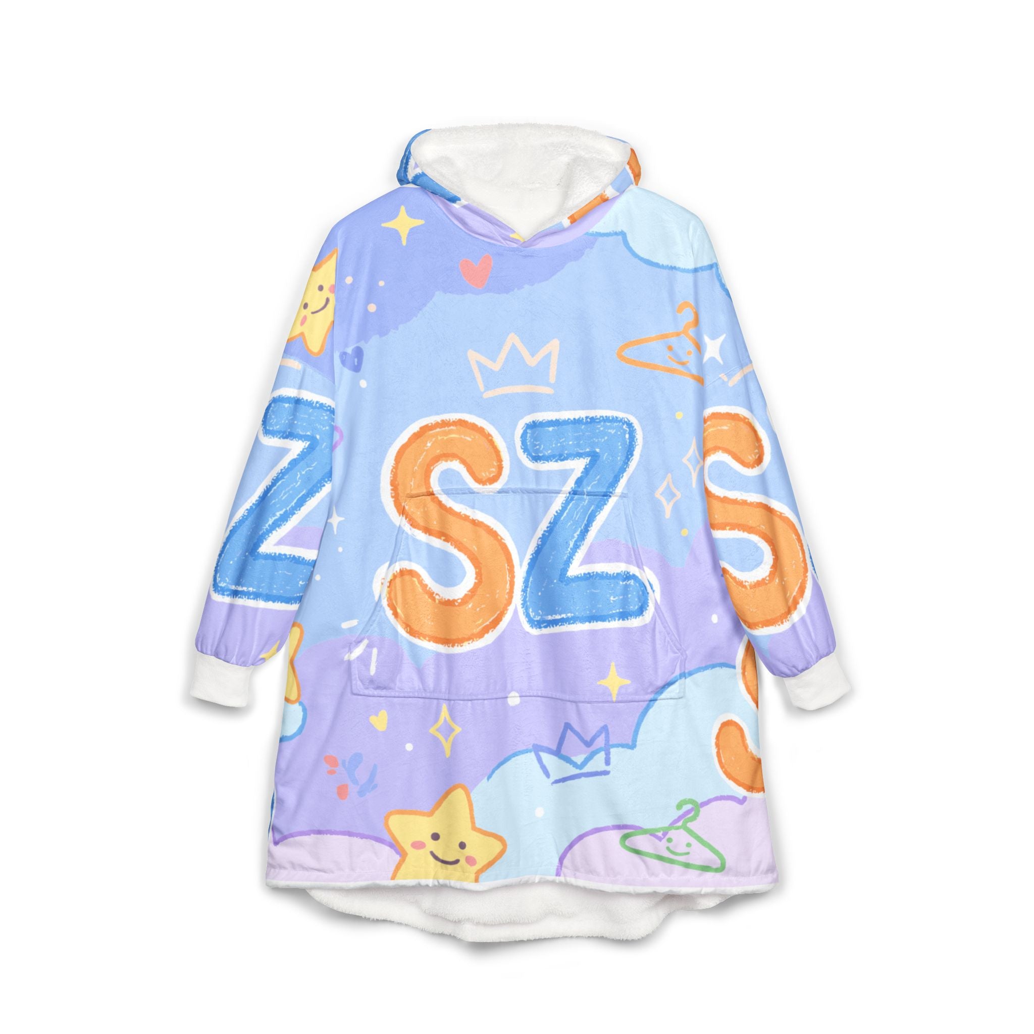 Cozy Pastel Kawaii Hooded Blanket — SZS Plush Wearable Blanket with Stars & Clouds