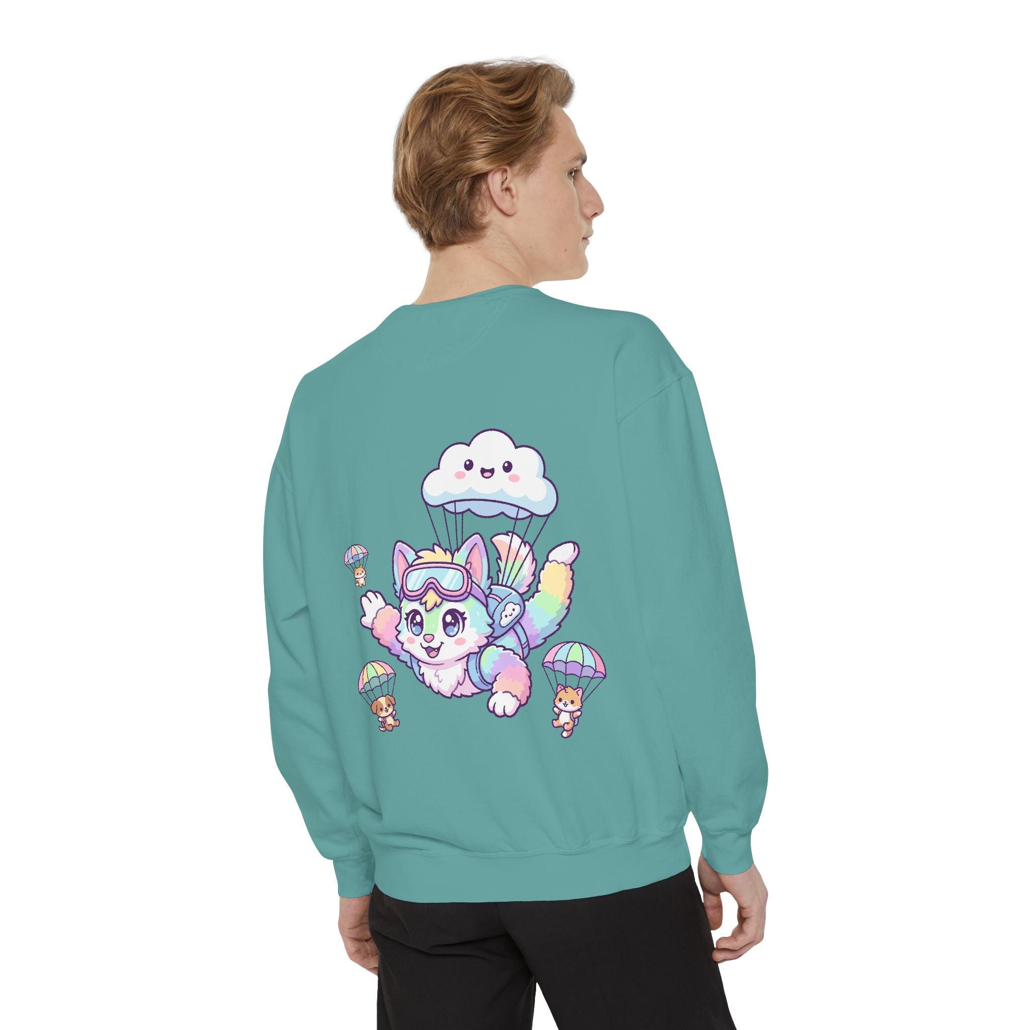Cute Retro Rainbow Skydiving Furry Sweatshirt | Pocket Graphic T-Shirt