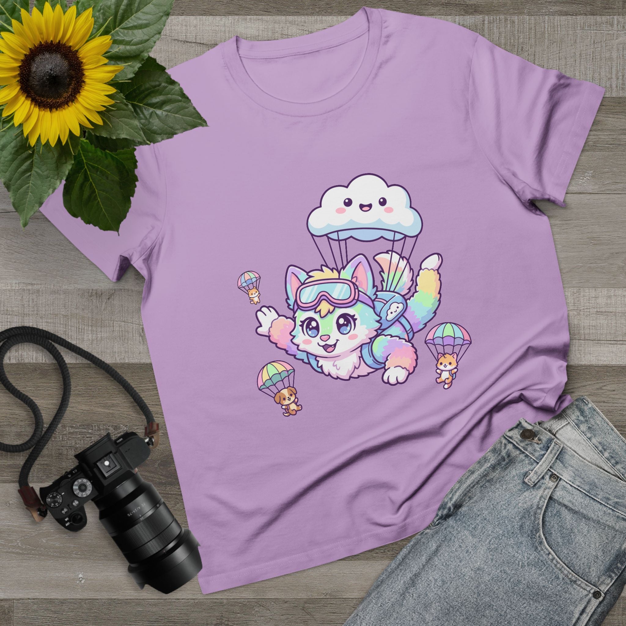 Pastel Rainbow Furry Skydiving Character Tee | Cute Pet Pals