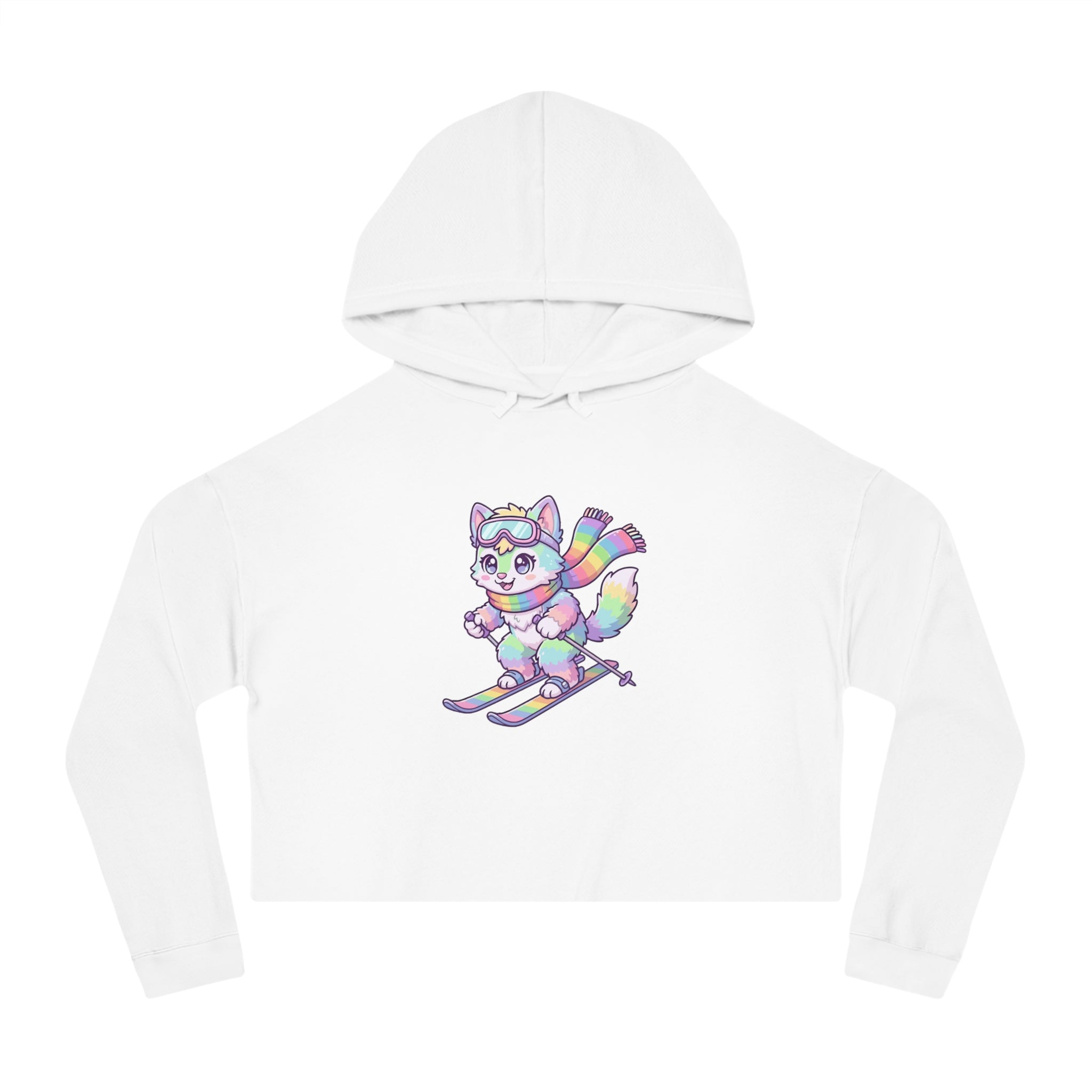 Rainbow Ski Cat Cropped Hoodie — Cute Pastel Cat Skiing Graphic Sweatshirt