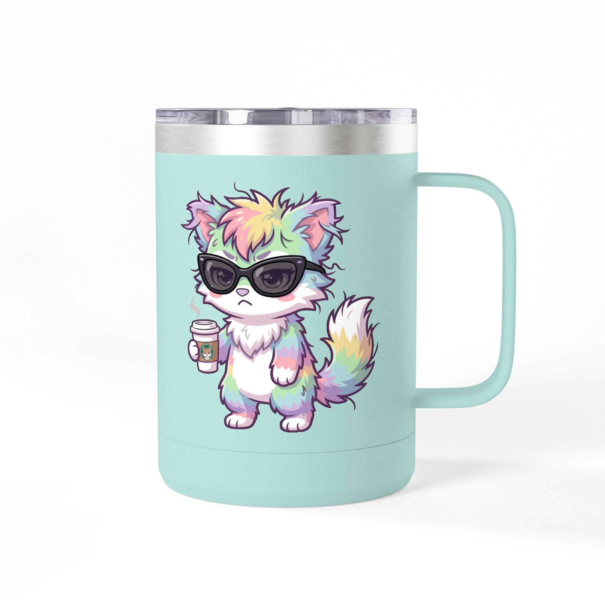 15oz Travel Mug – Cute Grumpy Rainbow Furry with Coffee