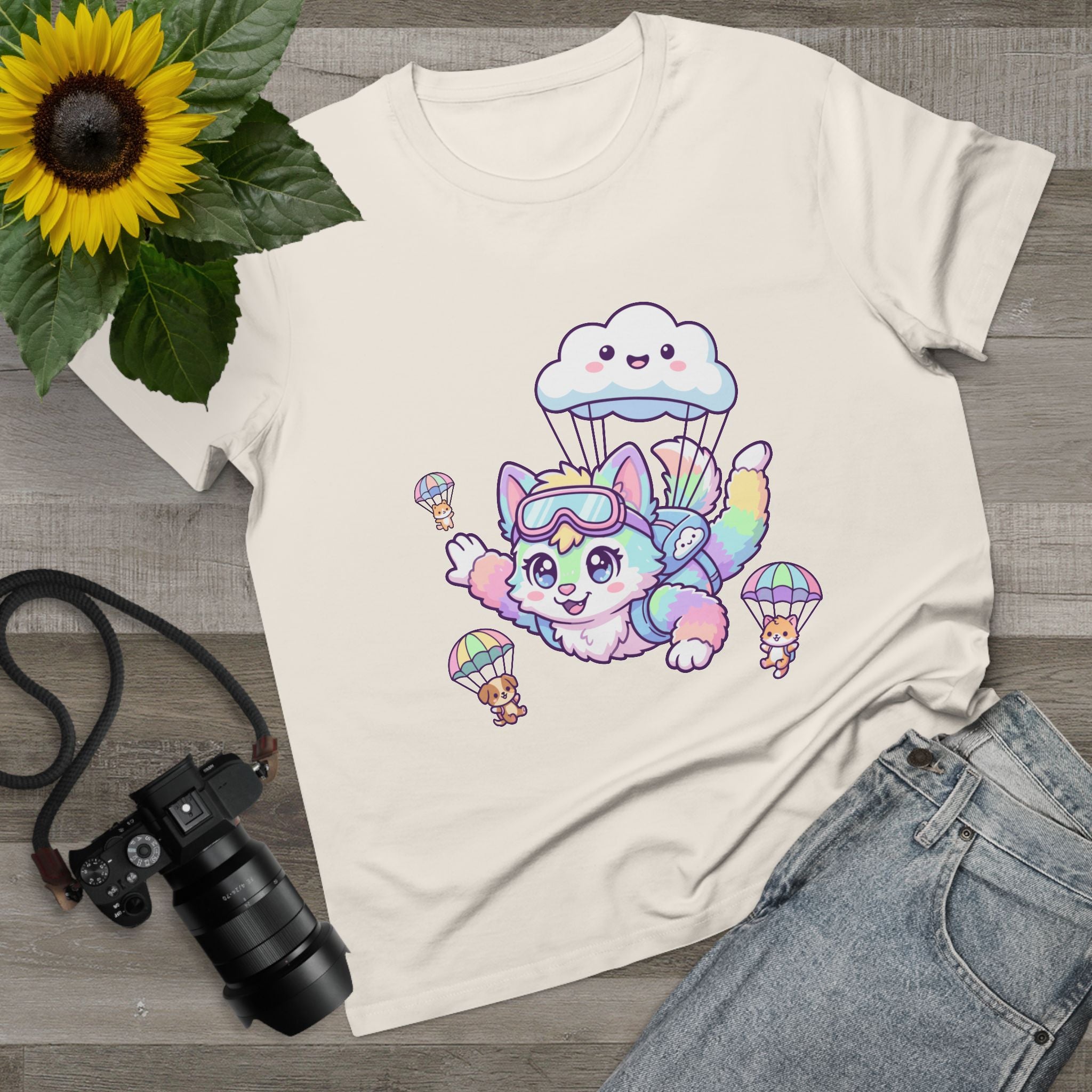 Pastel Rainbow Furry Skydiving Character Tee | Cute Pet Pals