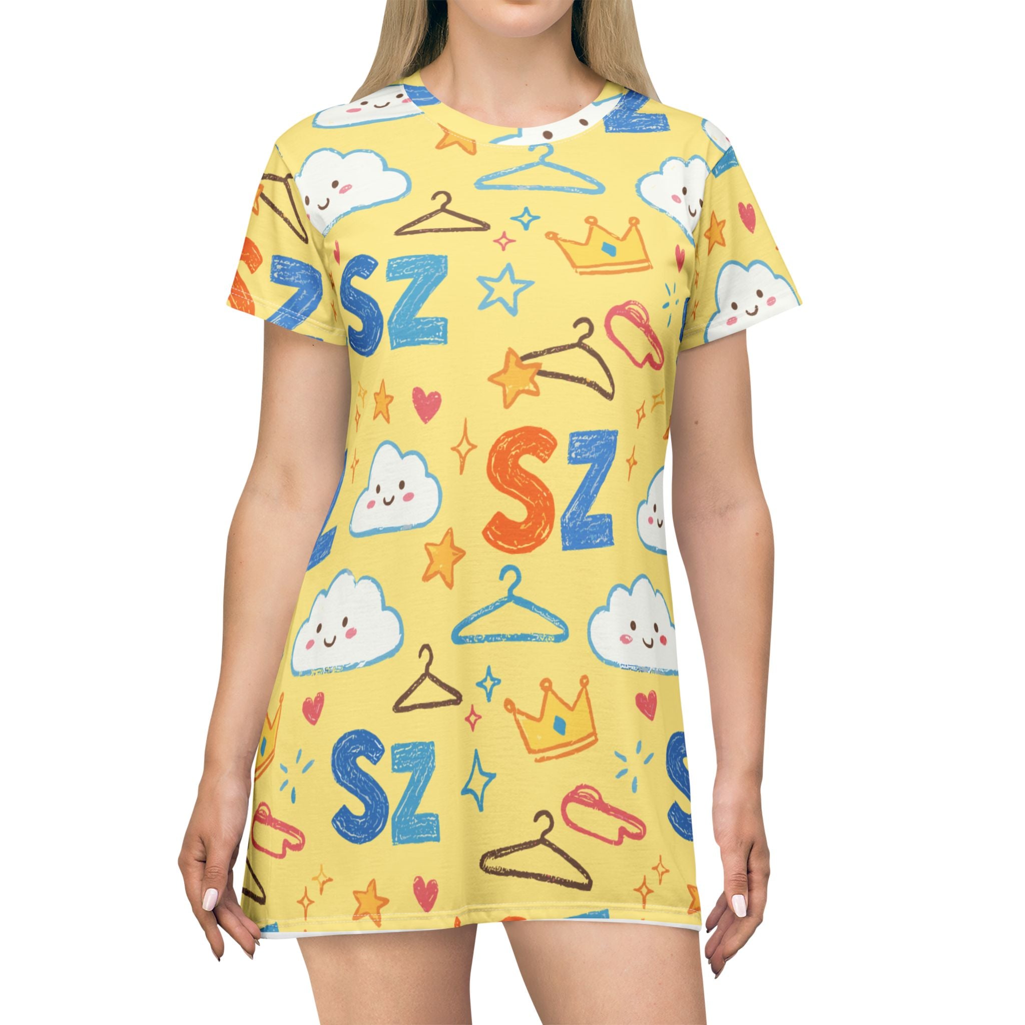 Kids' Yellow SZ Pattern T-Shirt Dress — Cute Clouds, Crowns & Hangers All-Over Print