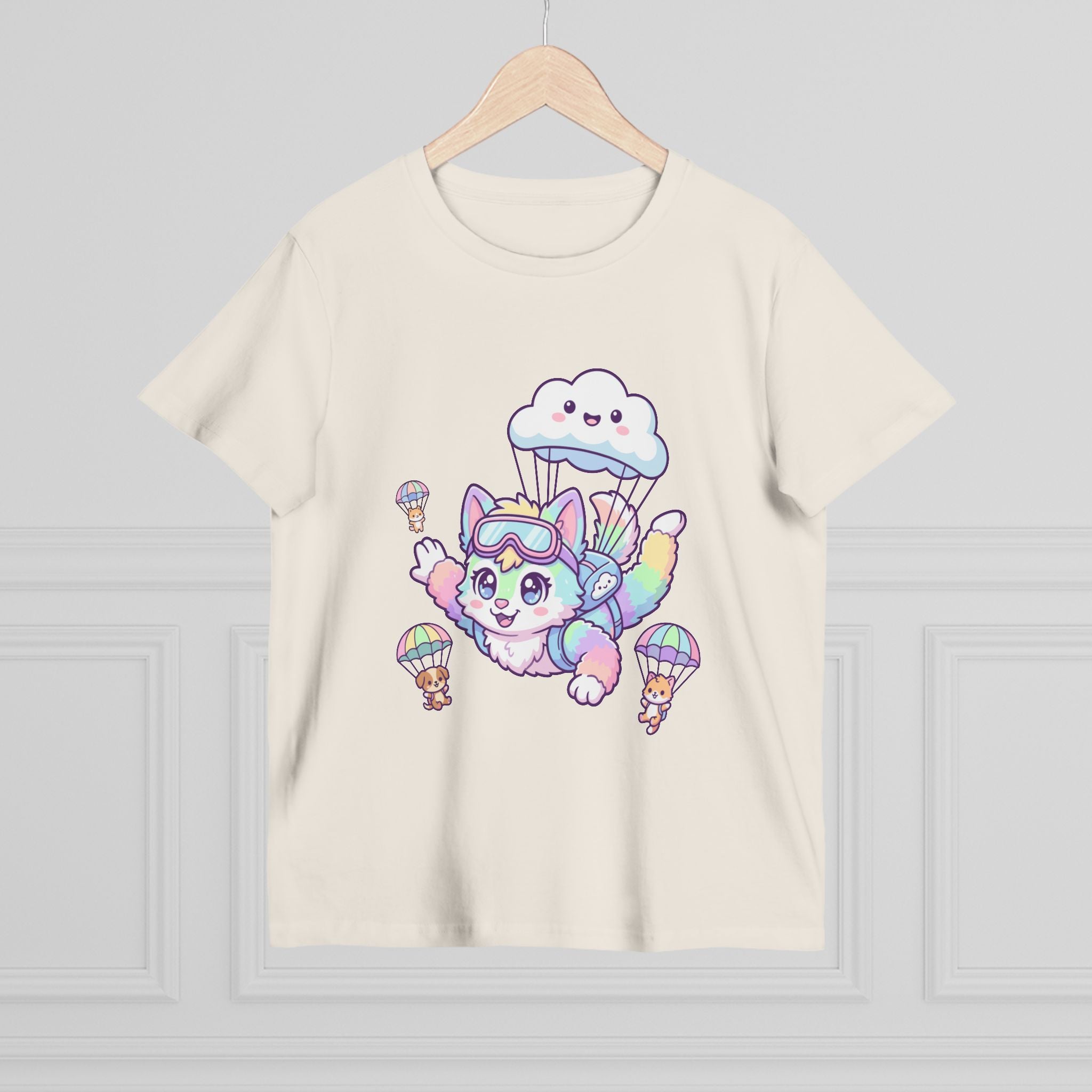 Pastel Rainbow Furry Skydiving Character Tee | Cute Pet Pals
