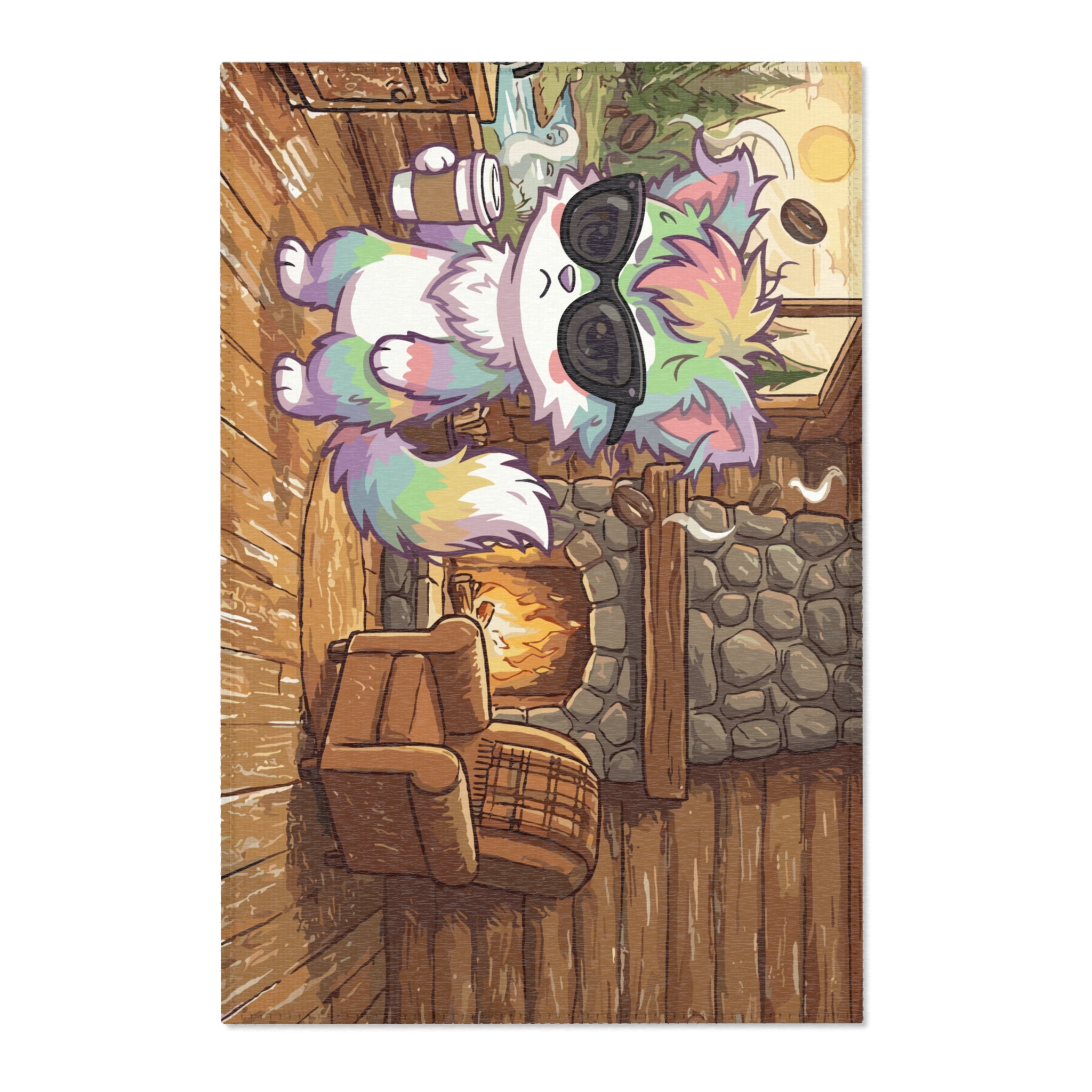 Cozy Cabin Rainbow Fox Area Rug — Cute Colorful Cat with Sunglasses Indoor Accent Mat