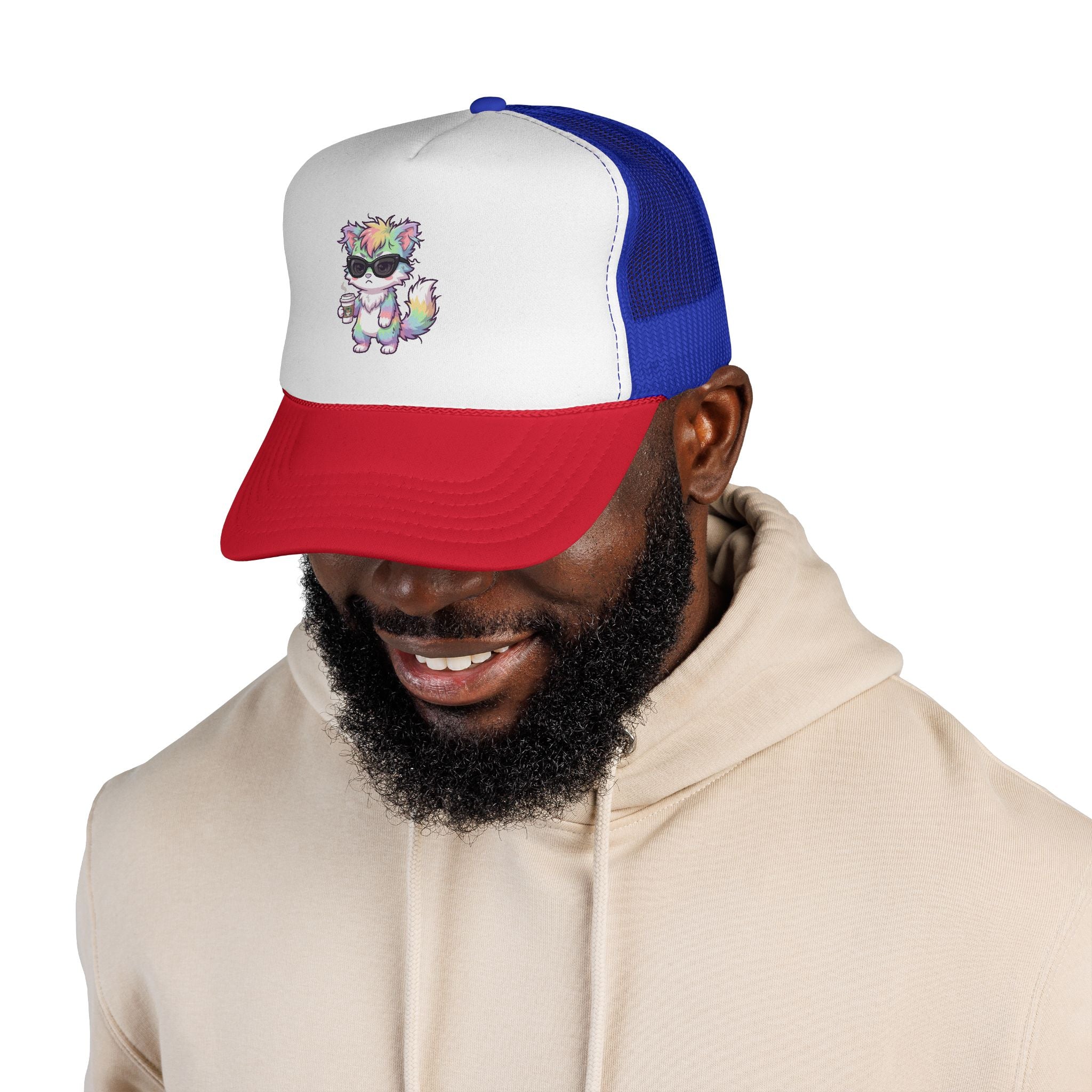 Grumpy Rainbow Furry Trucker Cap — Sunglasses Cute Mesh Back Hat