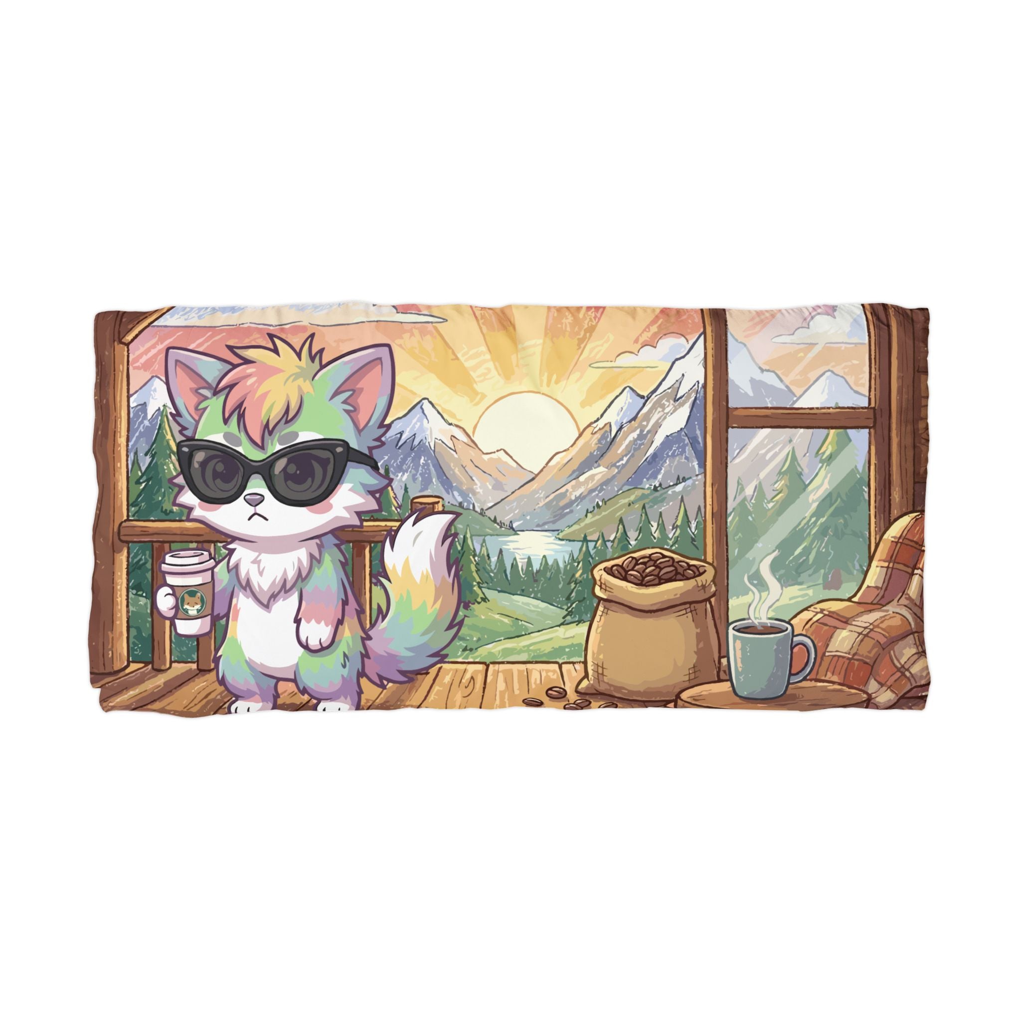 Cute Rainbow Cat Microfiber Pillowcase — Scenic Sunrise Cabin Design