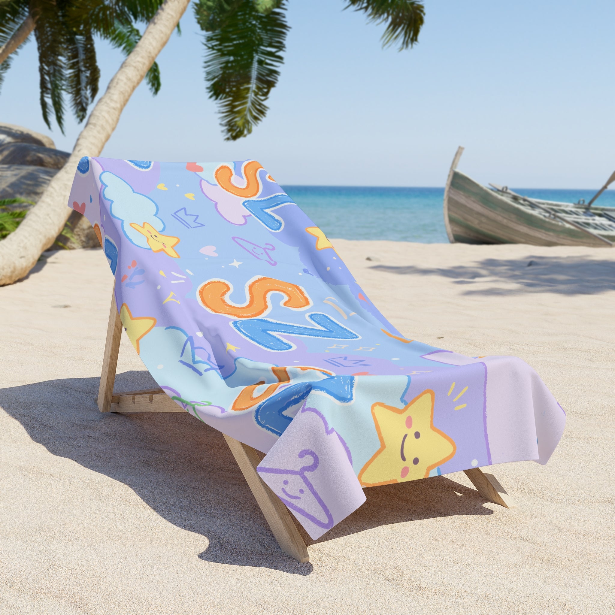 Personalized 'SZ' Beach Towel — Cute Pastel Stars & Clouds Summer Towel