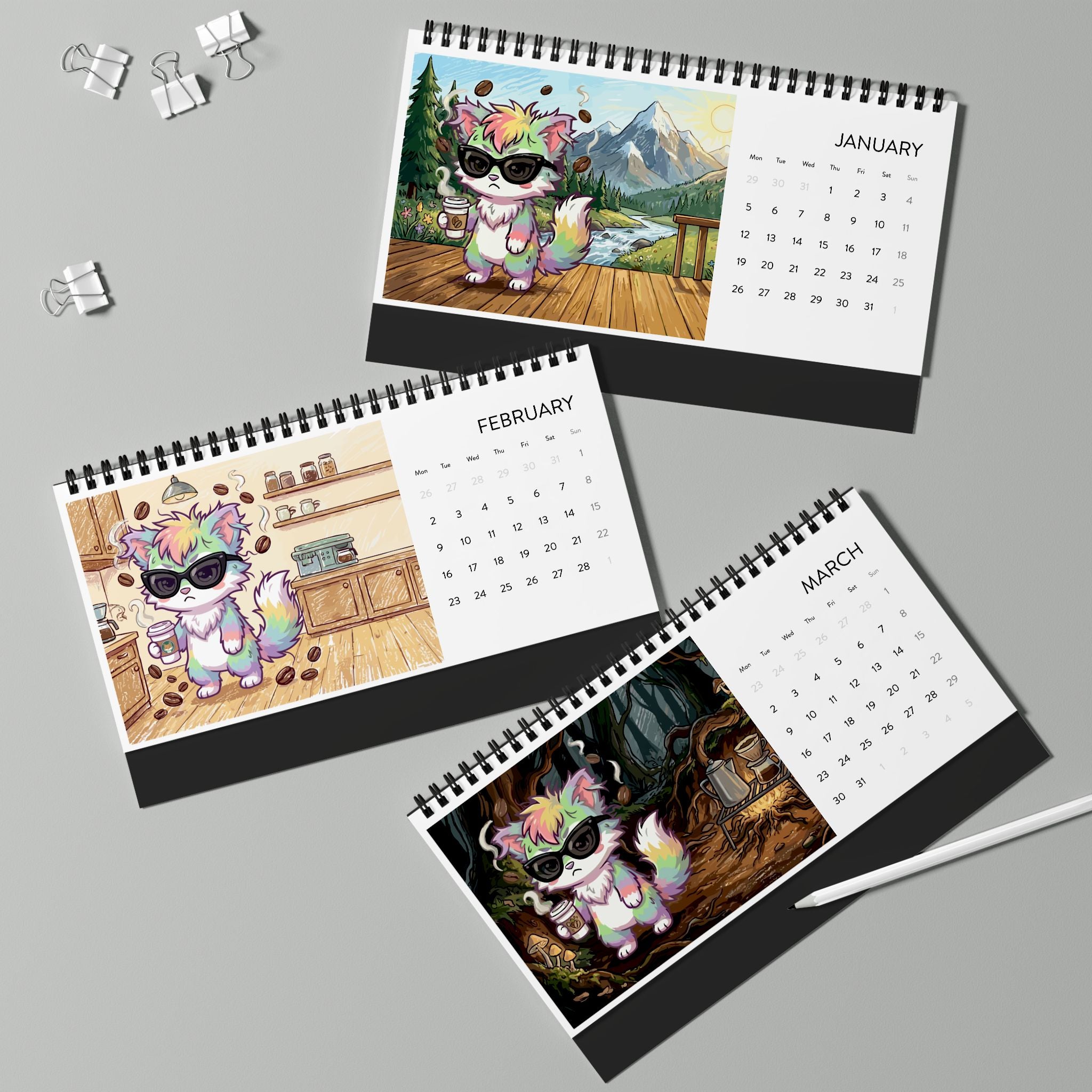 2026 Simplex Desk Calendar — Cute Cool Cat Cabin Art (Grid Planner)