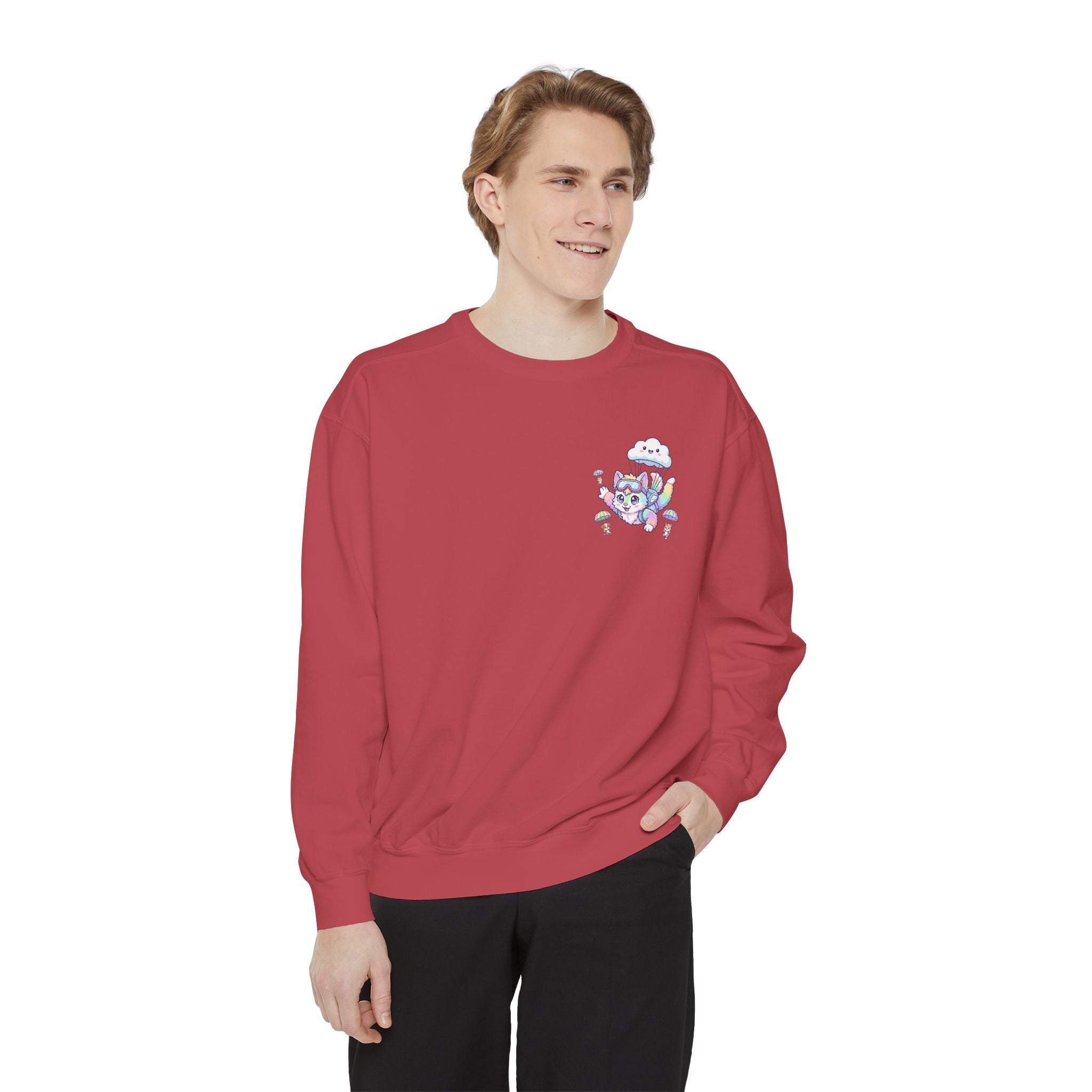 Cute Retro Rainbow Skydiving Furry Sweatshirt | Pocket Graphic T-Shirt