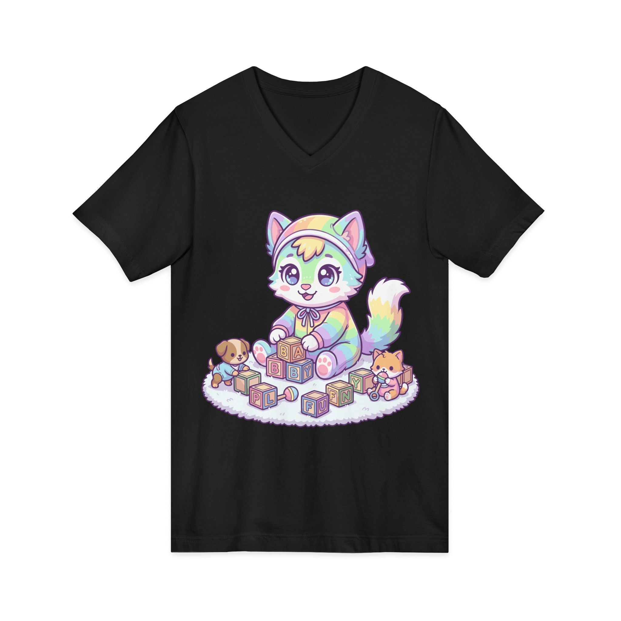 Baby Kawaii Rainbow Kitten Playing With Blocks V-Neck Tee